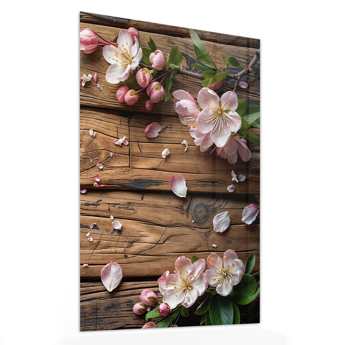 11 Größen – von 30 × 60 bis 60 × 150 cm – Wandbild - Apfelblüten auf Holz - Hochformat