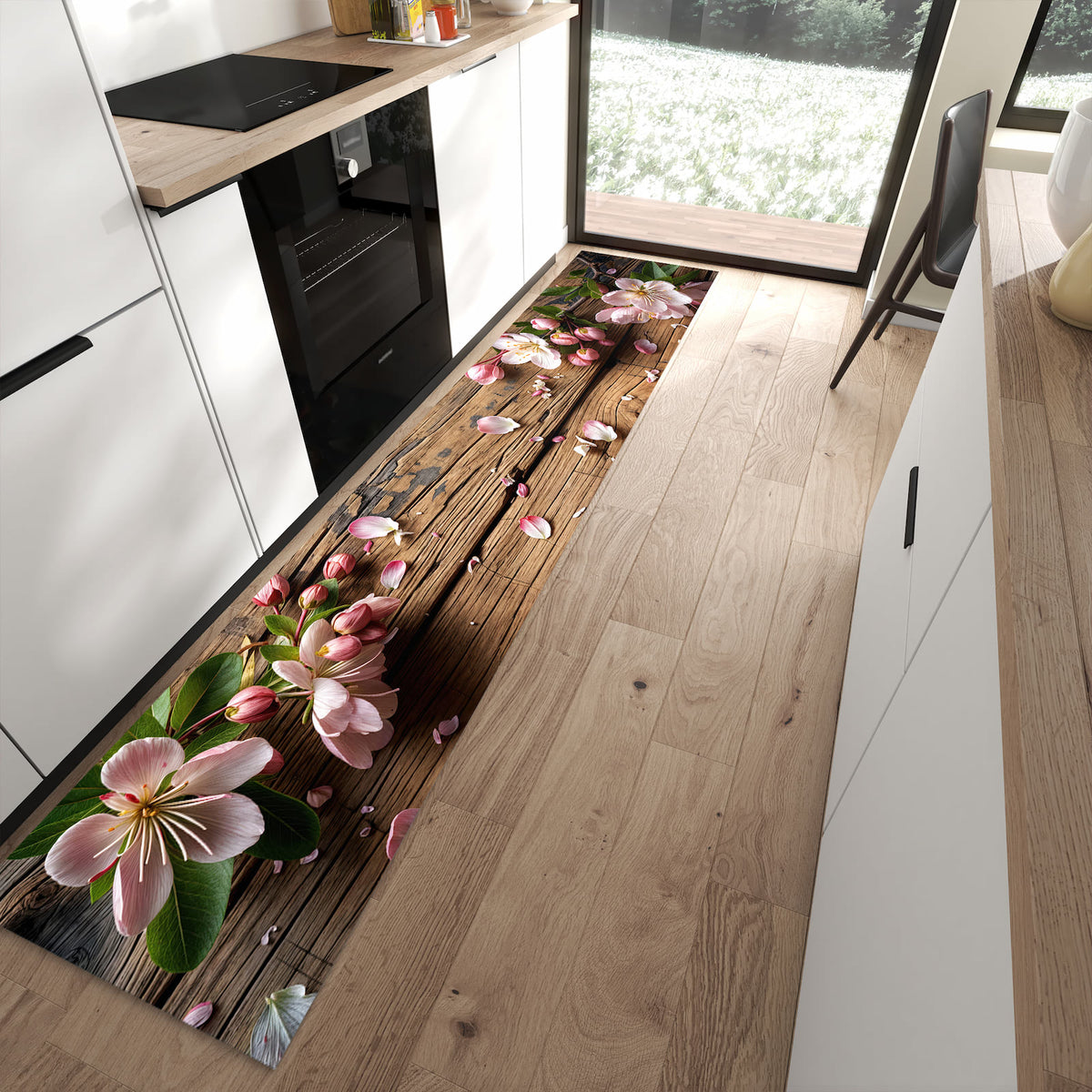 13 Größen – von 60 × 90 bis 80 × 300 cm – Küchenläufer - Apfelblüten auf Holz
