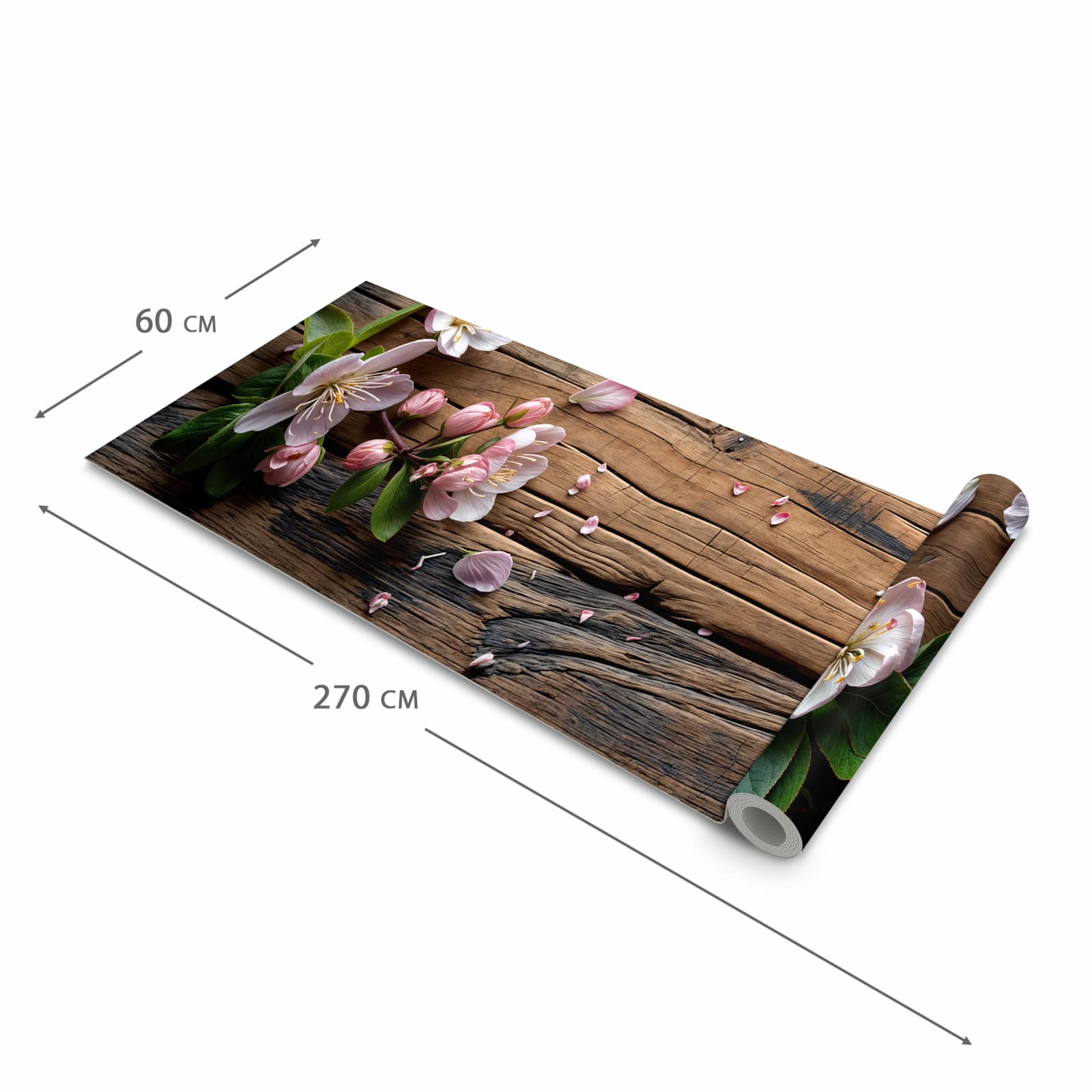 Wasserabweisender Läufer für die Küche mit Motiv Blüten auf Holz in der Grösse 60x180 cm