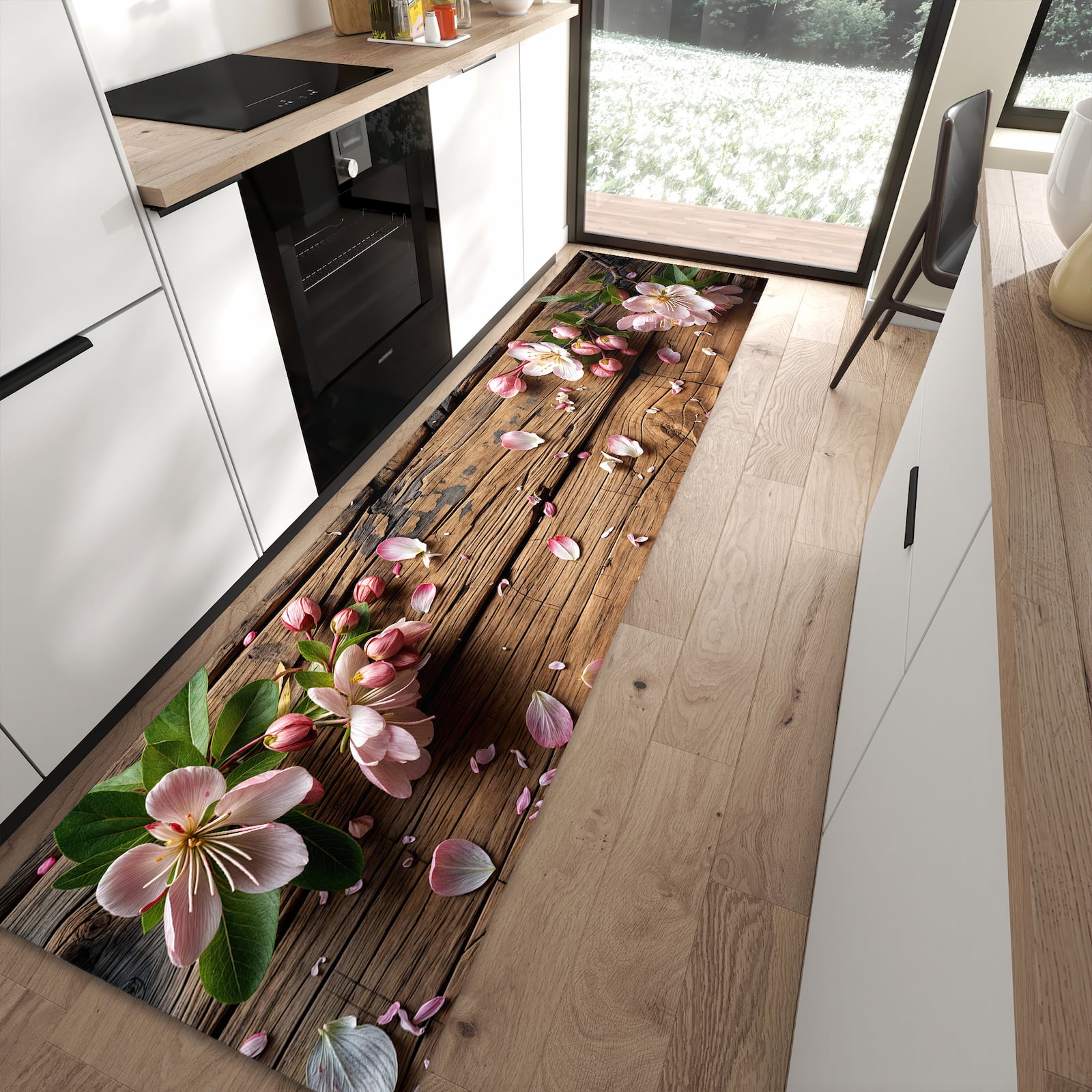 Zeitsparender rutschfester Küchenläufer mit Motiv Blüten auf Holz in moderner Küche