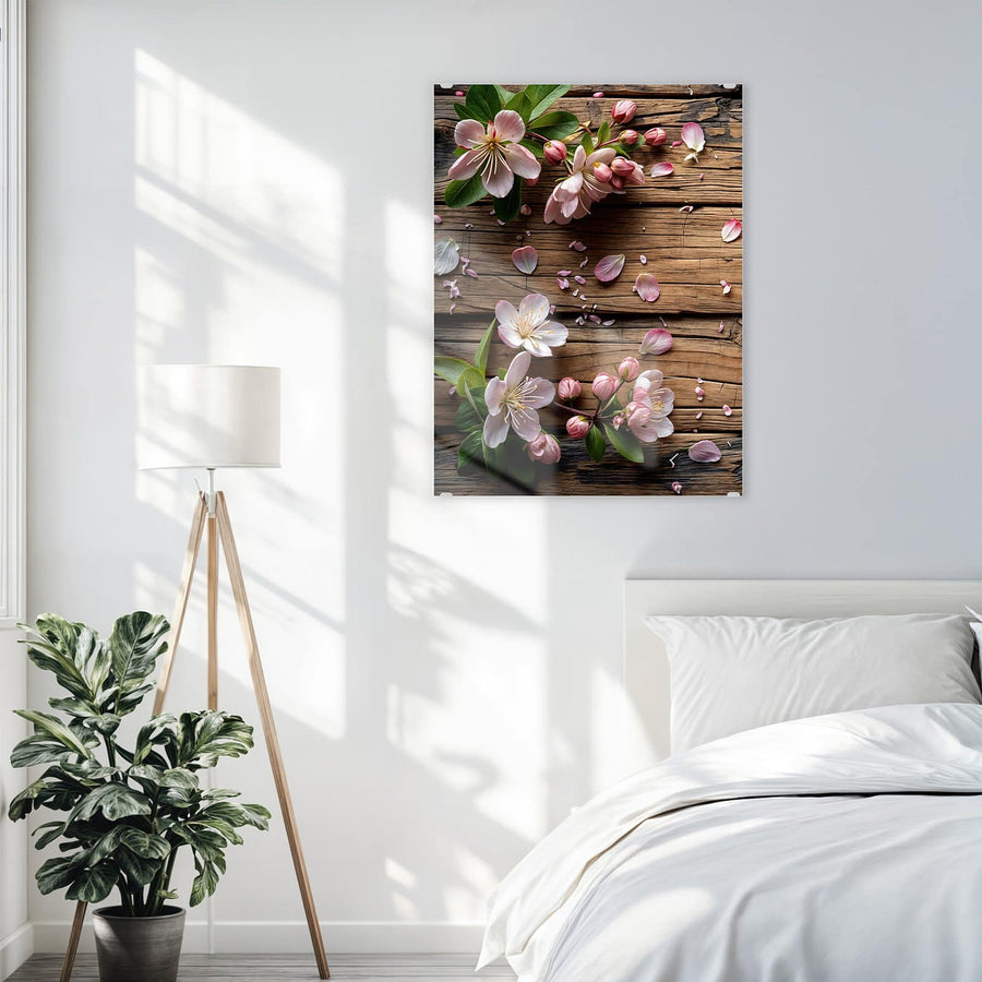 Maße Wandbild - Apfelblüten auf Holz - Hochformat