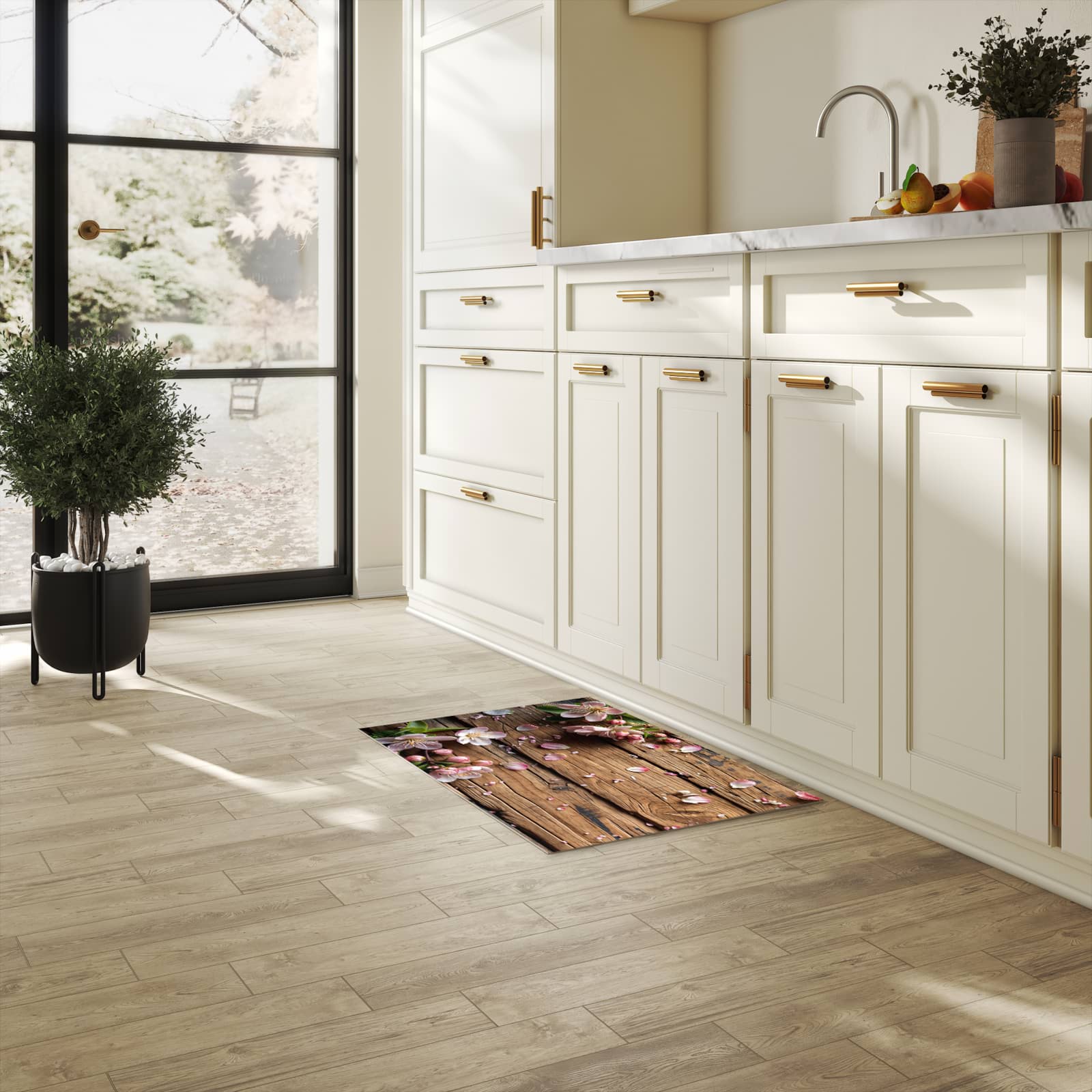 Langlebiger Küchenteppich mit Motiv Blüten auf Holz in heller Küche