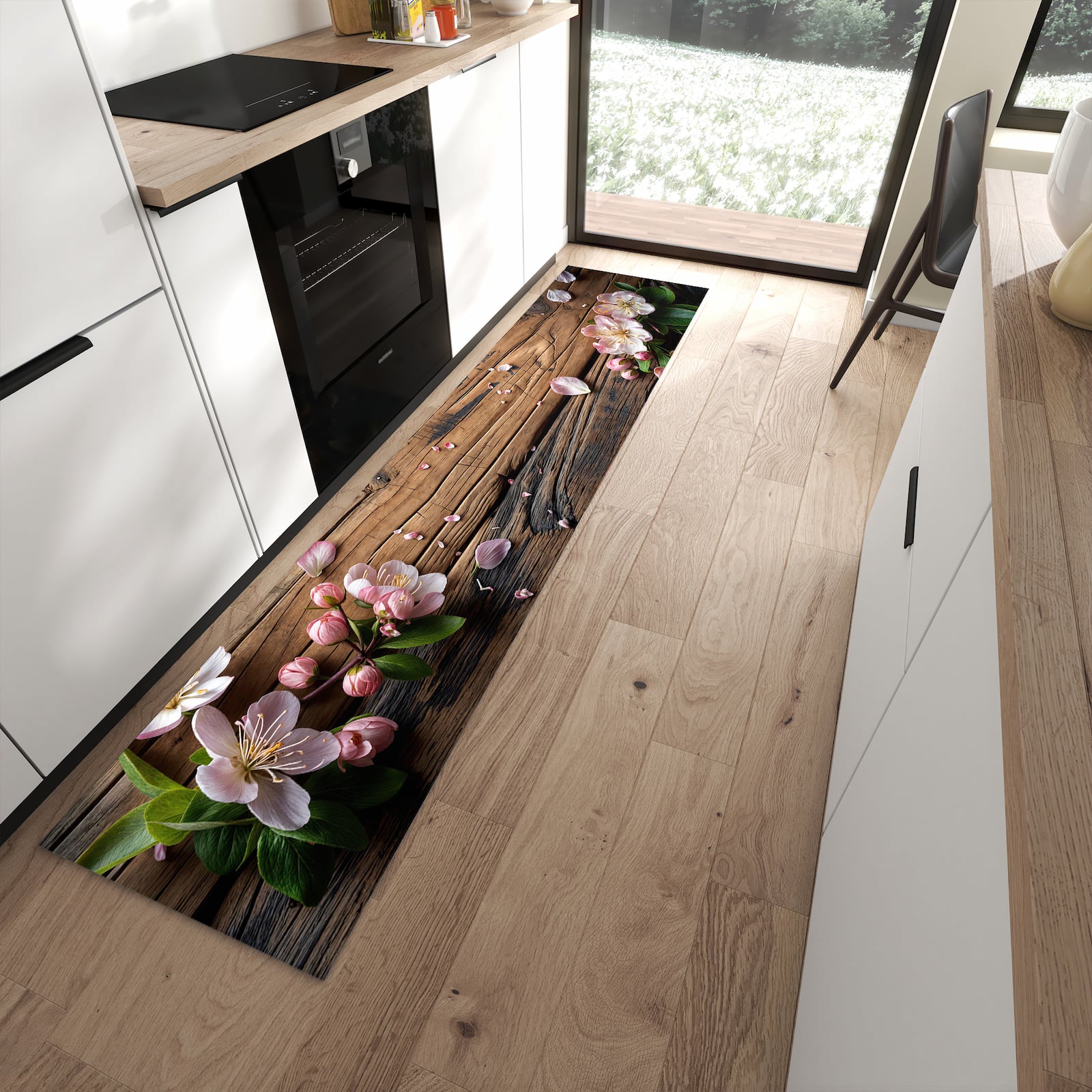 Bodenschonender Küchenteppich mit Motiv Blüten auf Holz in moderner Küche