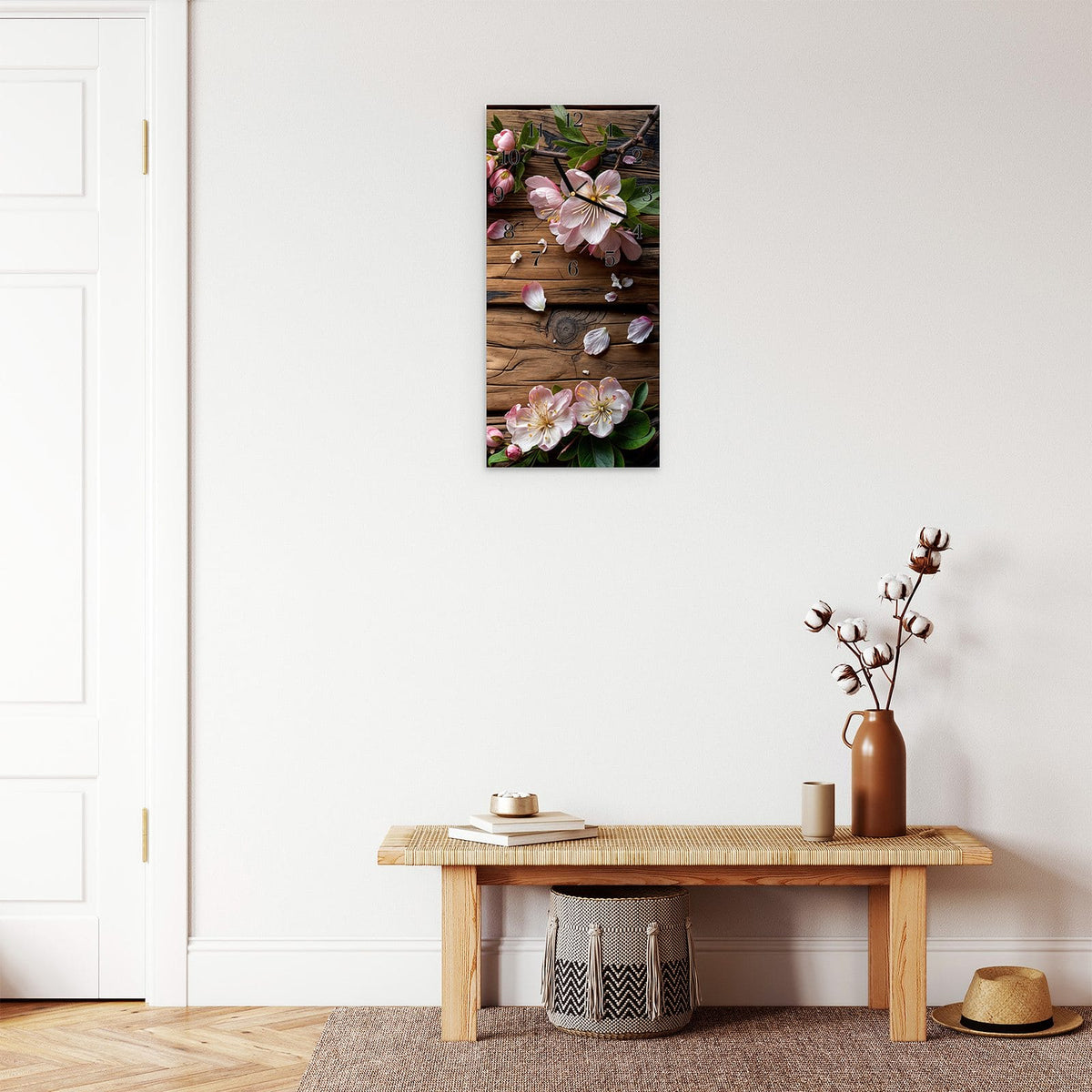Moderne Wanduhr aus Glas mit Farbtiefe – Wanduhr Blüten auf Holz aus Glas – Hochformat 30 × 60 cm