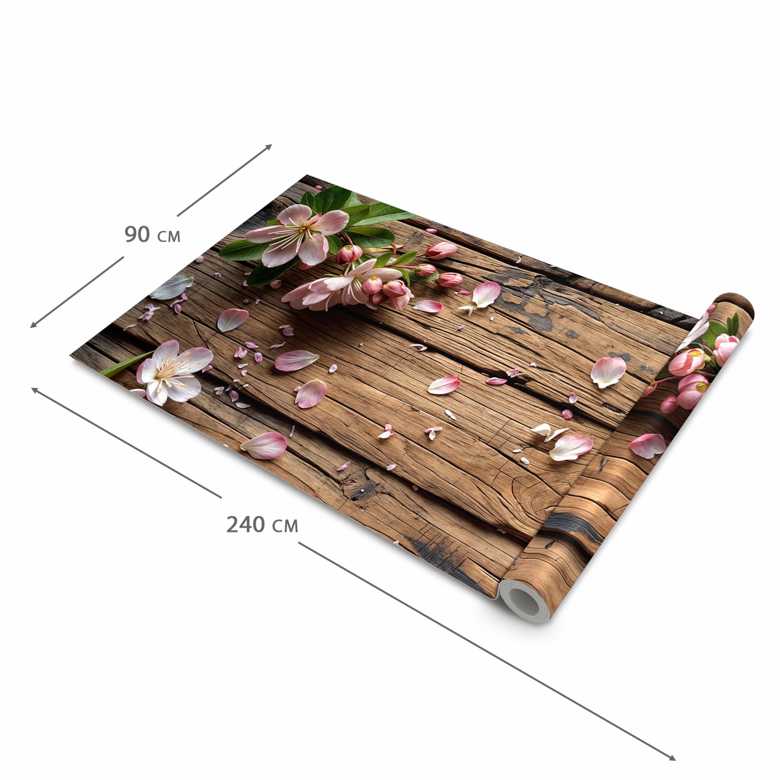 Rutschfester Teppichläufer für die Küche mit Motiv Blüten auf Holz in der Grösse 60x240 cm