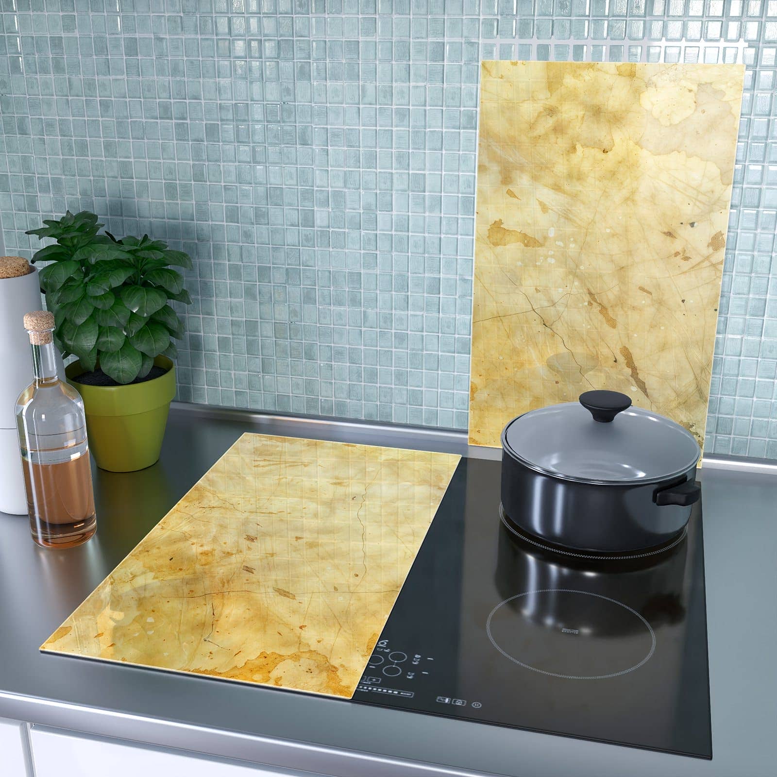 2-teilige Ceranfeld Abdeckplatten mit Marmorierte Oberfläche-Motiv als Spritzschutz hinter dem Kochfeld