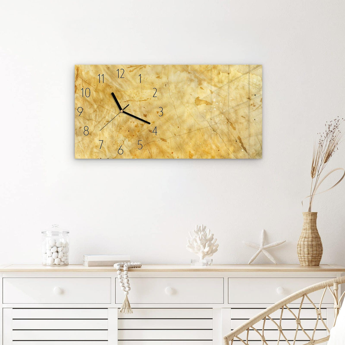 Wanduhr Marmorierte Oberfläche aus Glas – Querformat 60 × 30 cm – Marmorstruktur in warmem Gelb