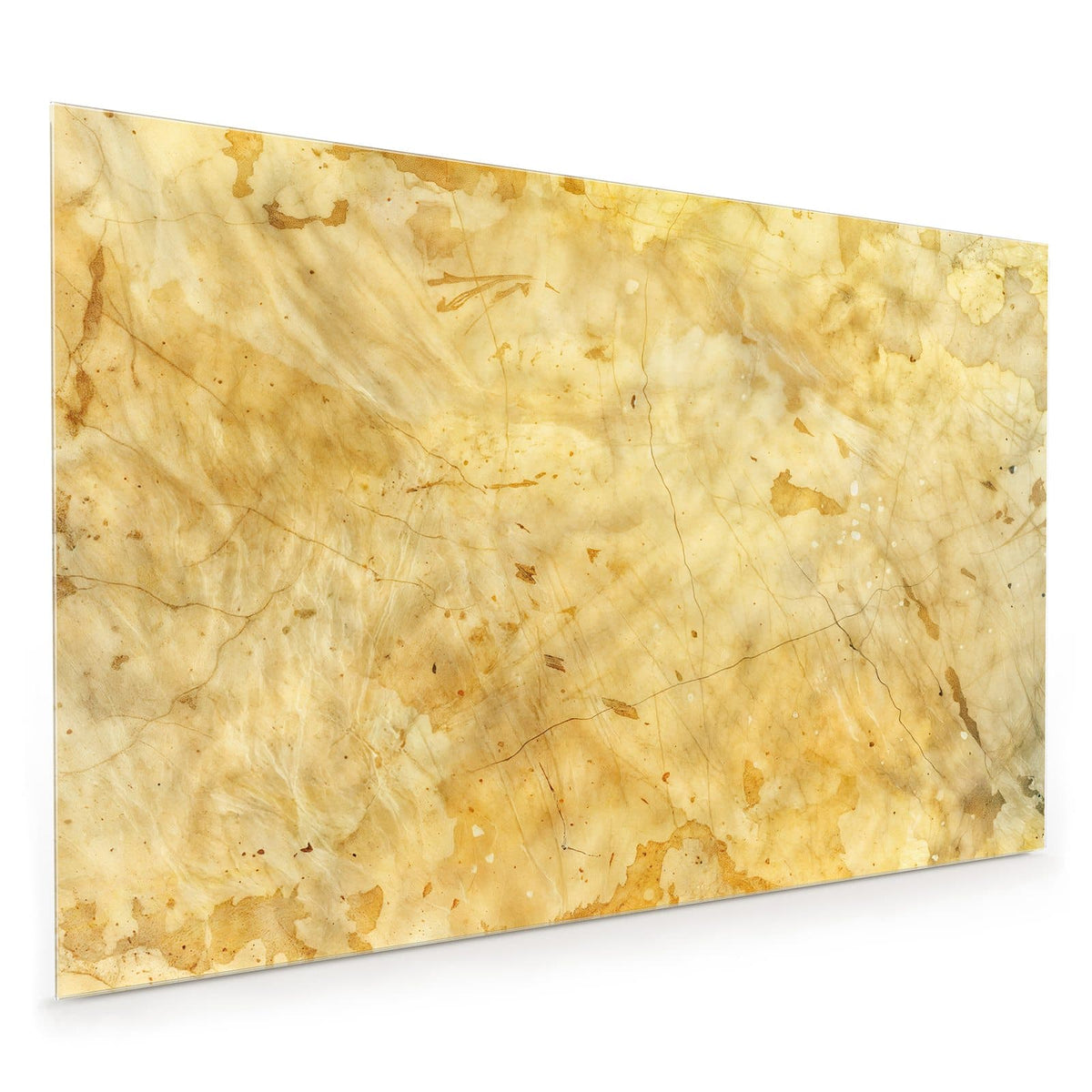 Küchenrückwand aus Glas im Hochformat: Honiggelber Marmor mit hellen Schlieren und dünnen dunklen Adern