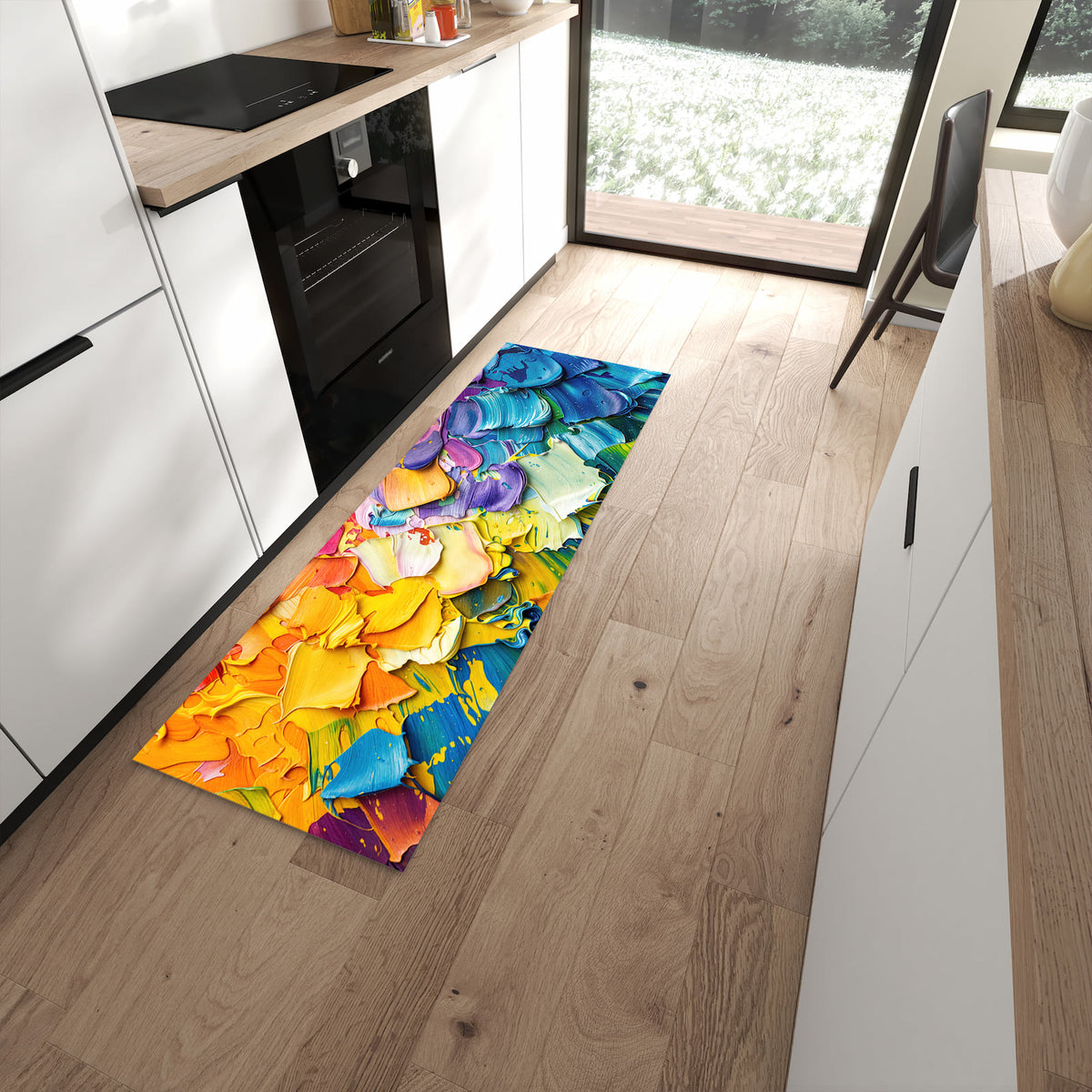Rutschfester Küchenläufer mit Motiv Farbenfrohe Pinselstriche in moderner Küche