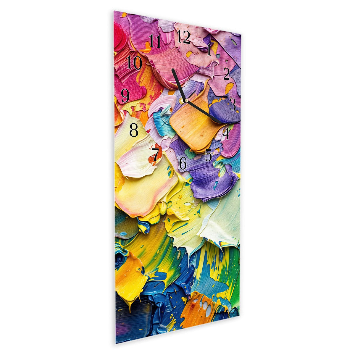 Vormontiert – mit Schwebeeffekt – Wanduhr Farbenfrohe Pinselstriche aus Glas – Hochformat 30 × 60 cm