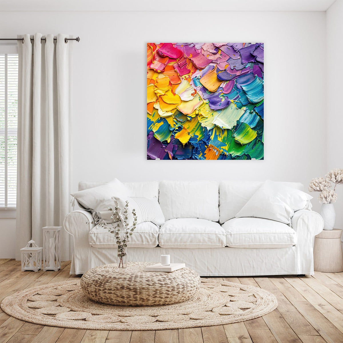 Glasbild Regenbogenfarben an der Wand – Dick aufgetragene Spachtelmassen in Regenbogenfolge von Pink über Gelb zu Blau