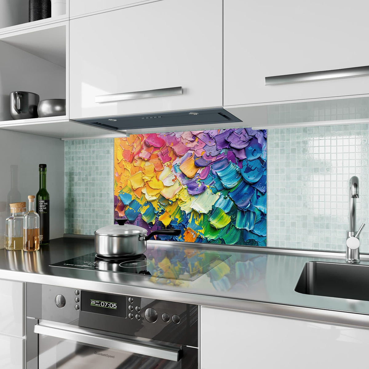 Küchenrückwand aus Glas Regenbogenfarben im Hochformat als Spritzschutz hinter dem Kochfeld, über dem Fliesenspiegel montiert