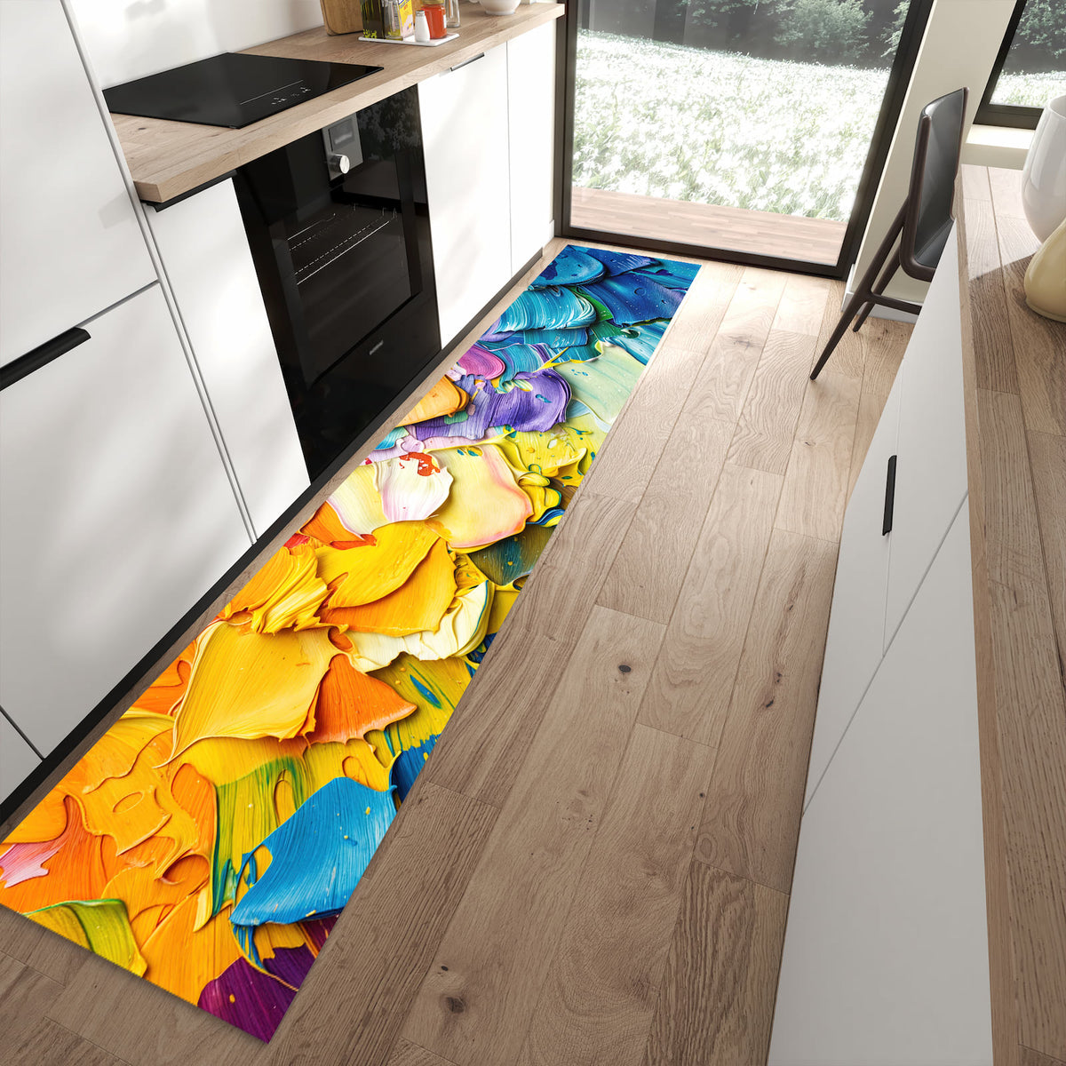 Ordnungsschaffender Küchenläufer mit Motiv Farbenfrohe Pinselstriche in moderner Küche