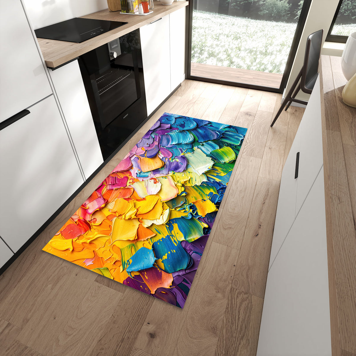 Geräuschdämpfender Küchenteppich mit Motiv Farbenfrohe Pinselstriche in moderner Küche
