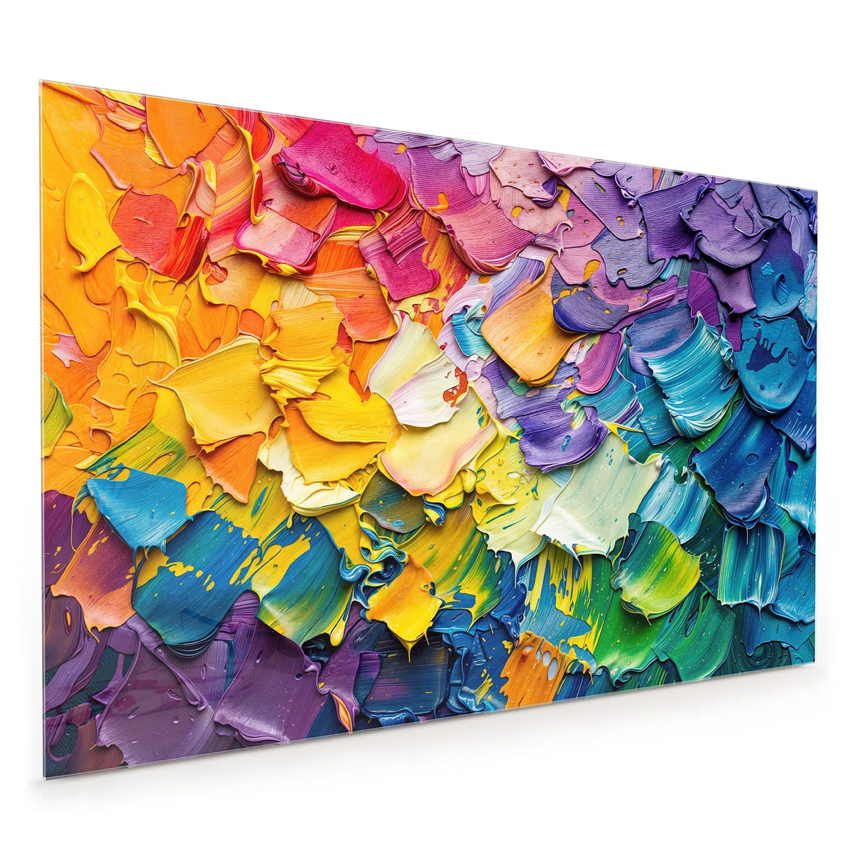 Küchenrückwand aus Glas im Hochformat: Dick aufgetragene Spachtelmassen in Regenbogenfolge von Pink über Gelb zu Blau