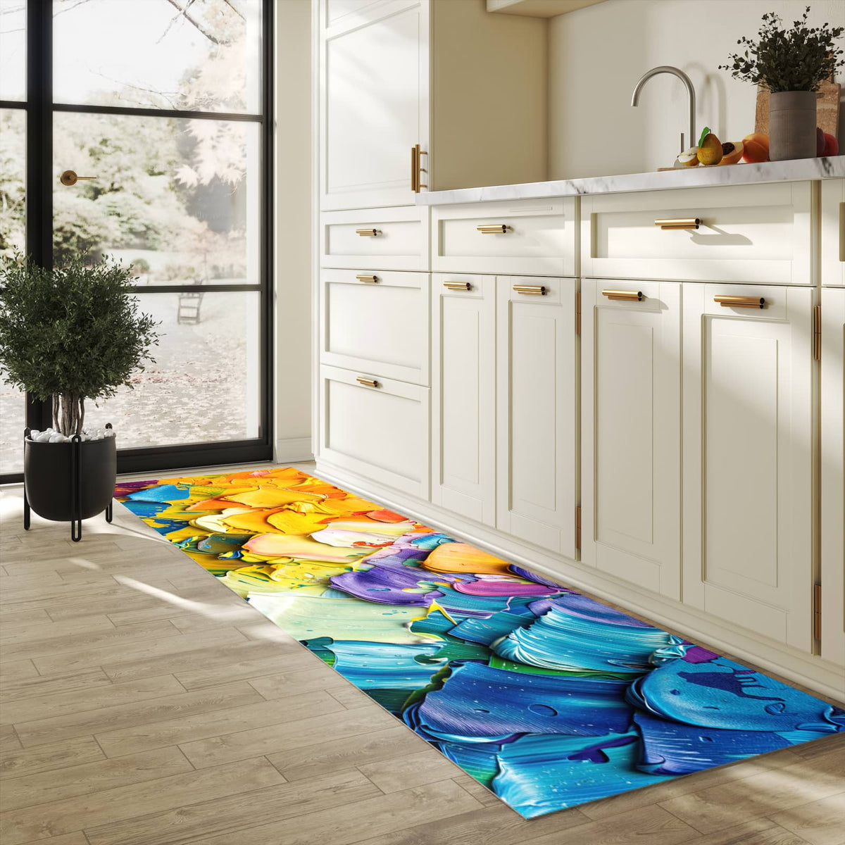 Farbbeständiger Küchenteppich mit Motiv Farbenfrohe Pinselstriche in heller Küche