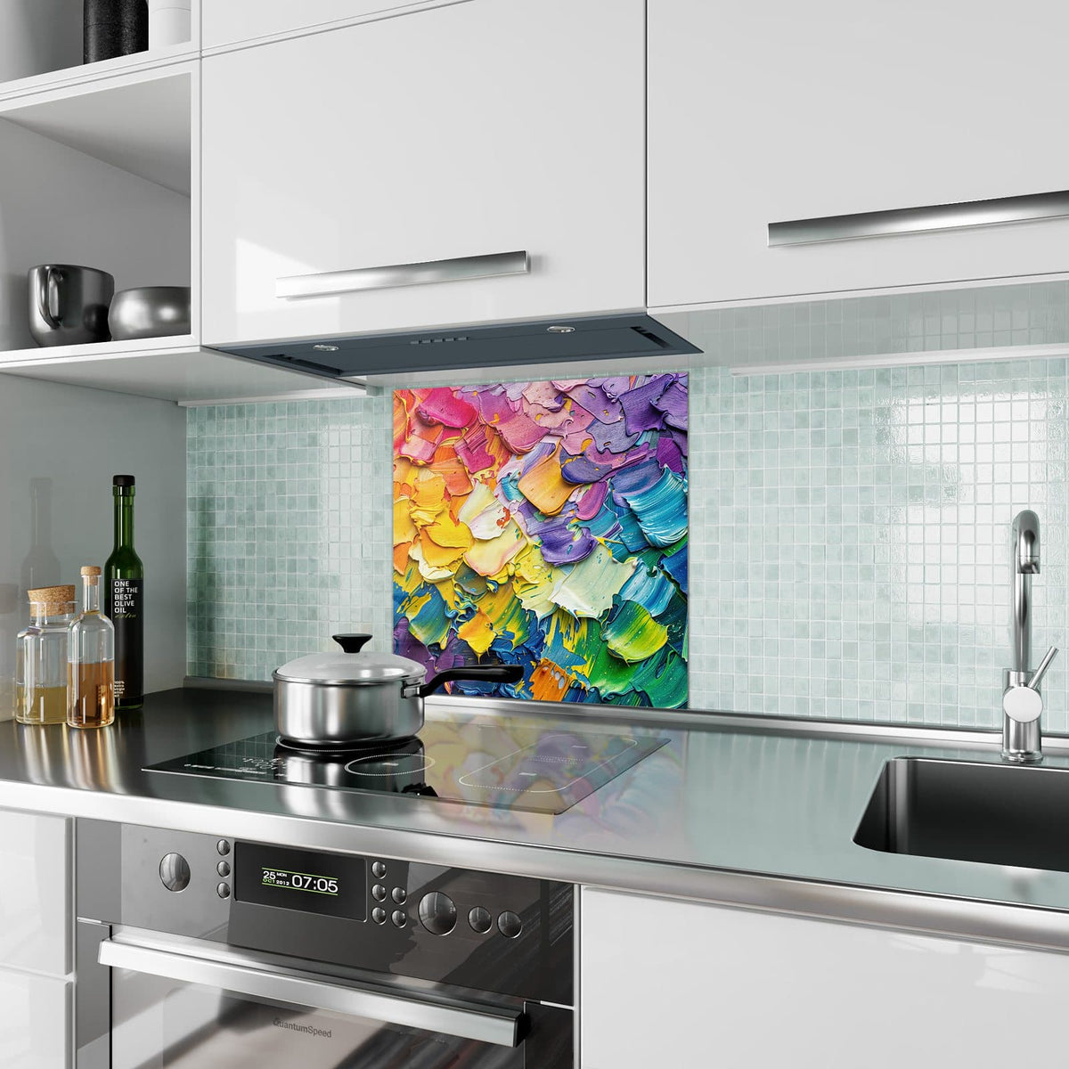 Küchenrückwand aus Glas Regenbogenfarben im quadratischen Format als Spritzschutz hinter dem Kochfeld, über dem Fliesenspiegel montiert