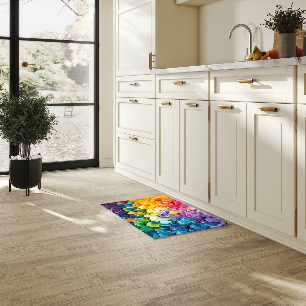 Feuchtigkeitsresistenter Küchenteppich mit Motiv Farbenfrohe Pinselstriche in heller Küche