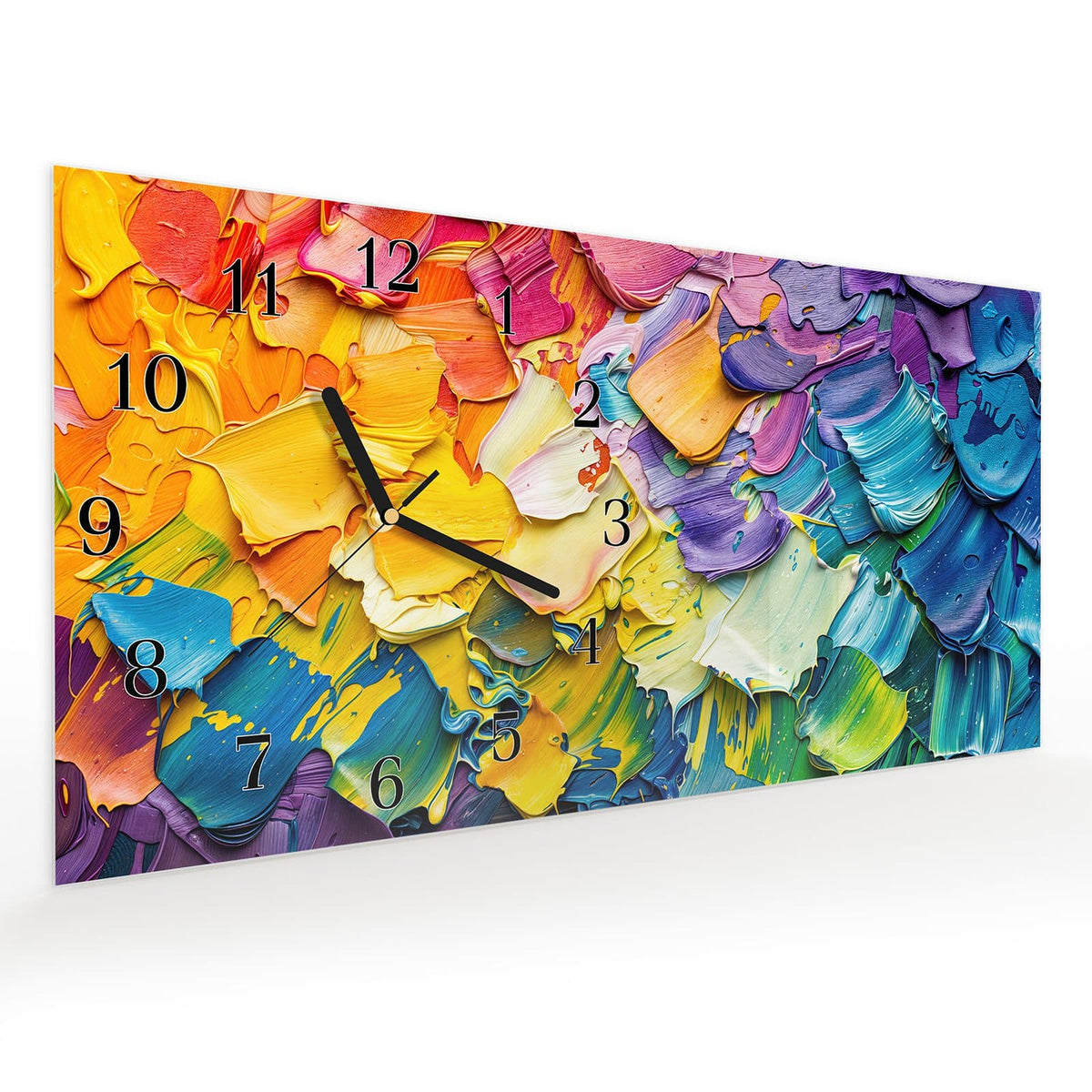 Vormontiert – mit Schwebeeffekt – Wanduhr Farbenfrohe Pinselstriche aus Glas – Querformat 60 × 30 cm