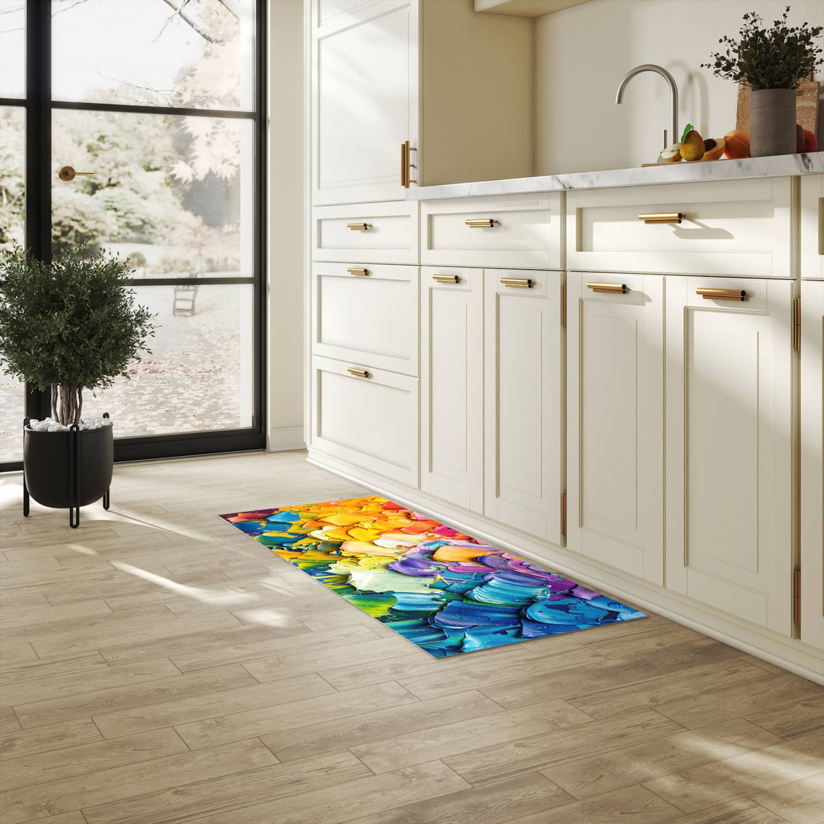 Hygienischer Teppich fürs Esszimmer mit Motiv Farbenfrohe Pinselstriche in heller Küche