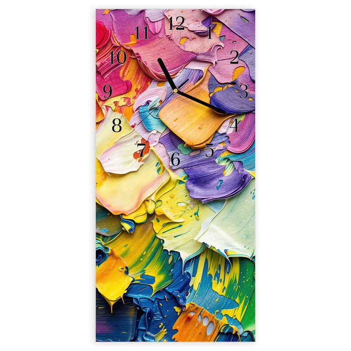 Wanduhr Farbenfrohe Pinselstriche aus Glas – Hochformat 30 × 60 cm mit Ziffernblatt Klassisch