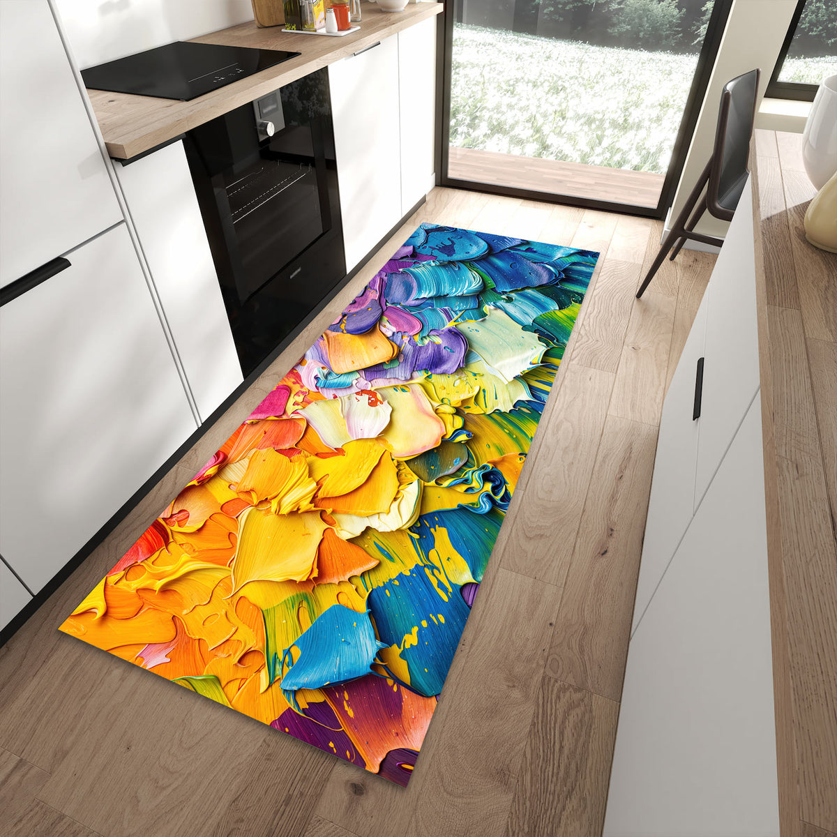 Abriebfester Küchenteppich mit Motiv Farbenfrohe Pinselstriche in moderner Küche