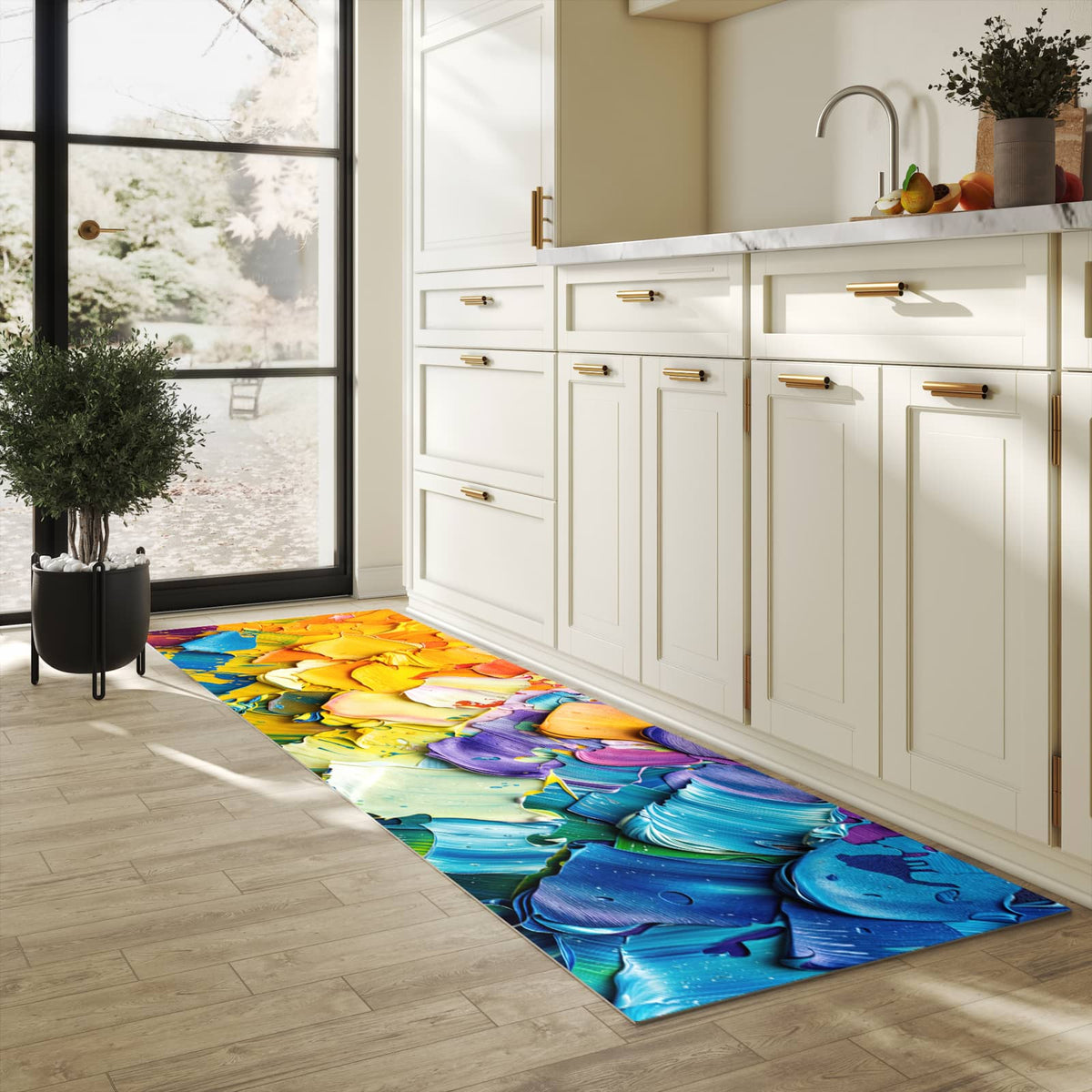 Bodenschonender rutschfester Küchenteppich mit Motiv Farbenfrohe Pinselstriche in heller Küche