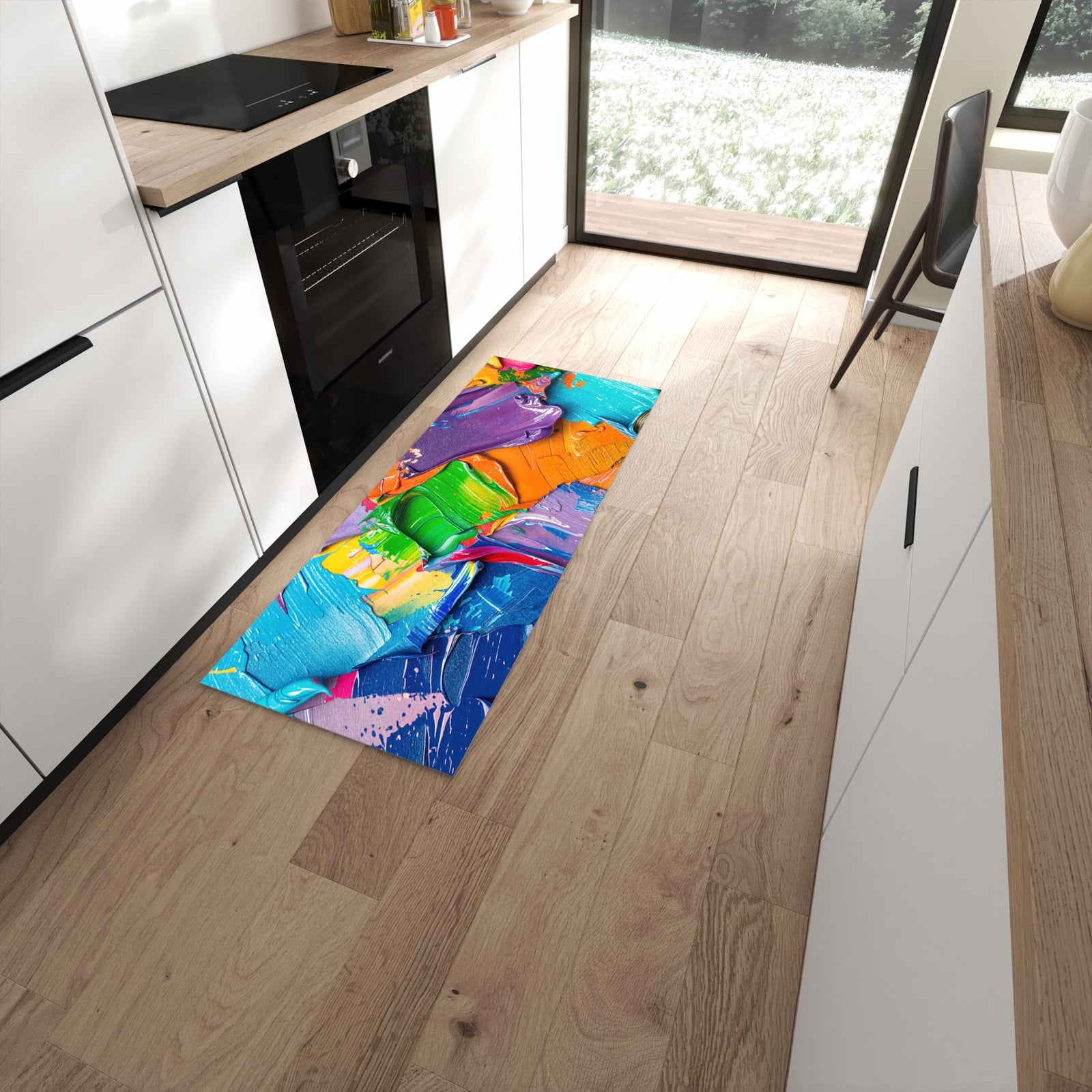 Fleckenresistenter waschbarer Küchenteppich mit Motiv Farbsymphonie in moderner Küche #grösse_60 x 150 cm