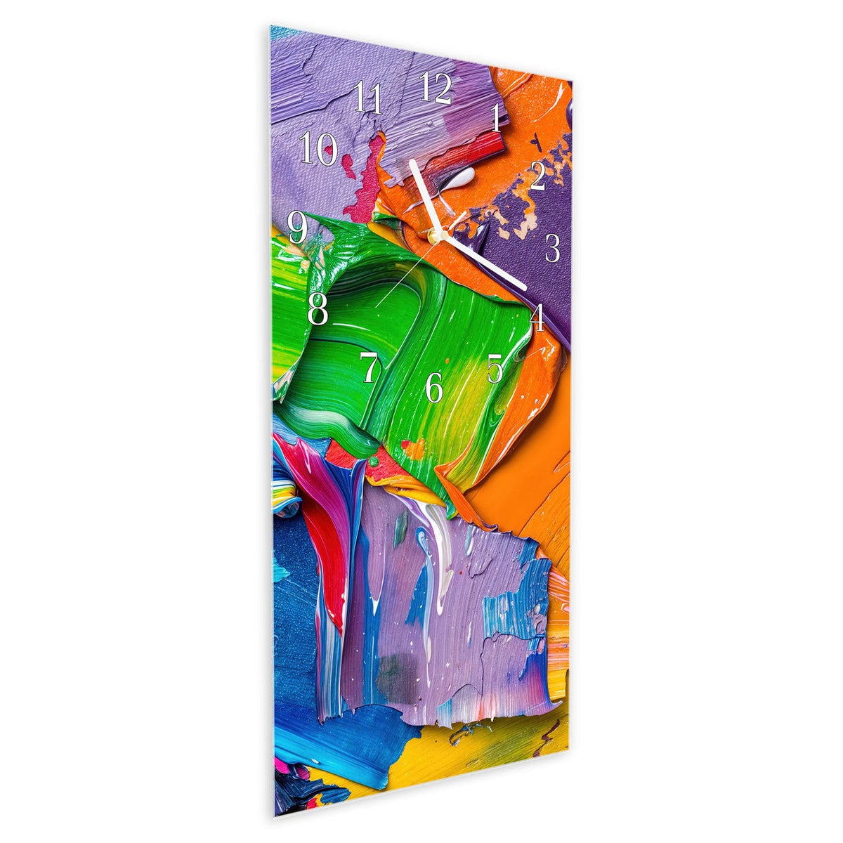 Vormontiert – mit Schwebeeffekt – Wanduhr Farbsymphonie aus Glas – Hochformat 30 × 60 cm