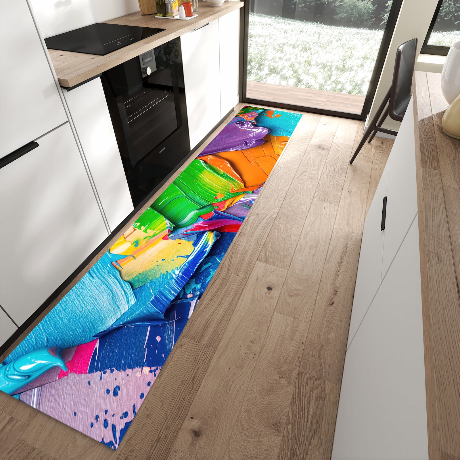 Flacher Küchenteppich mit Motiv Farbsymphonie in moderner Küche - waschbar