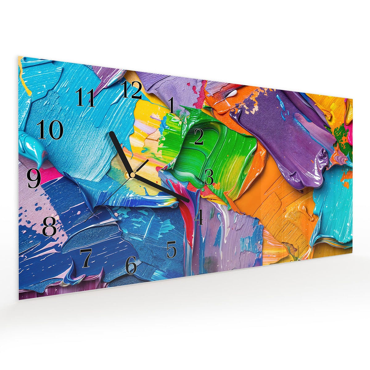 Vormontiert – mit Schwebeeffekt – Wanduhr Farbsymphonie aus Glas – Querformat 60 × 30 cm