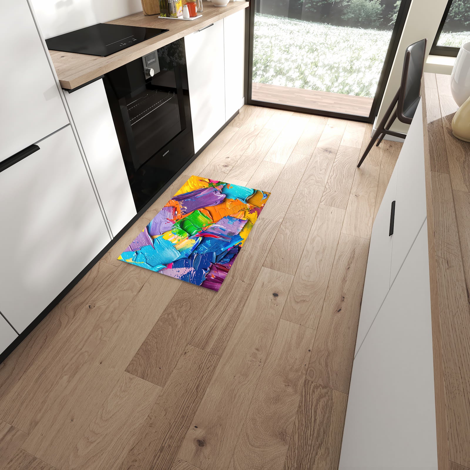 Pflegeleichter waschbarer Küchenteppich mit Motiv Farbsymphonie in moderner Küche