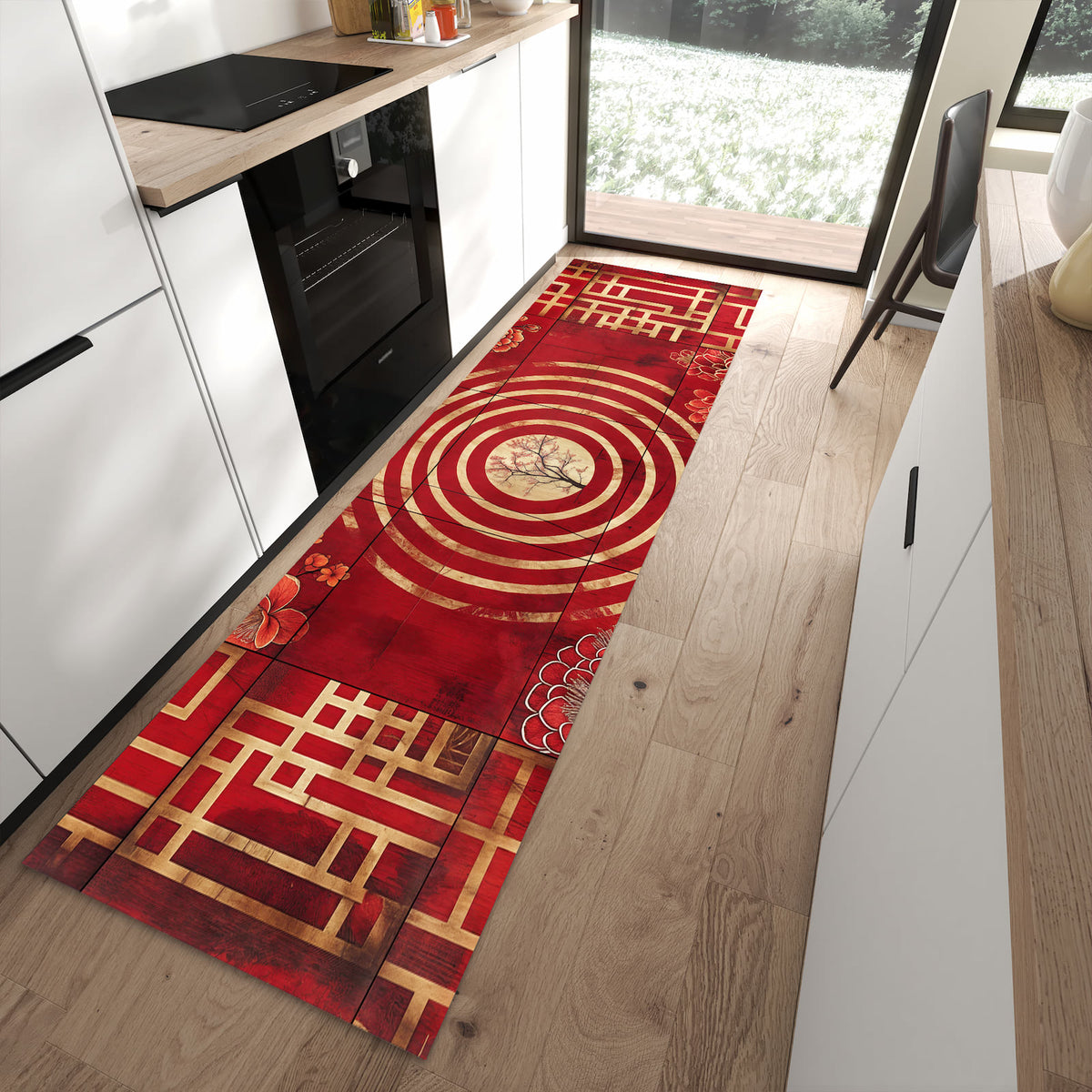 Geräuschdämpfender Teppich für Esstisch mit Motiv Blumenmuster Kreise in moderner Küche
