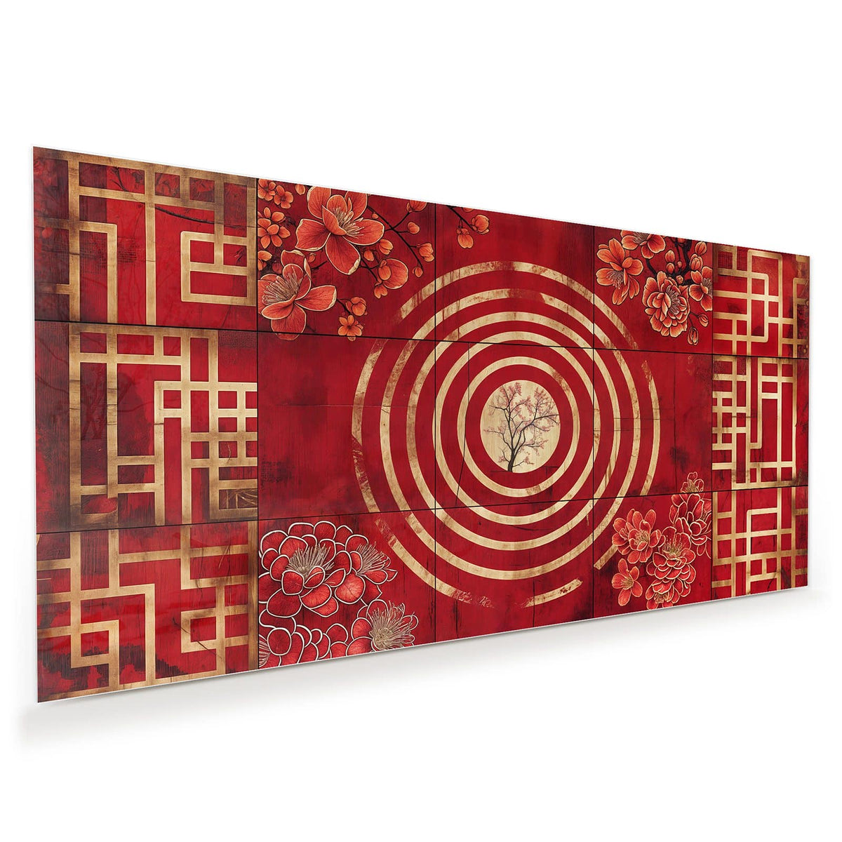 Rote Tafel mit goldenen konzentrischen Ringen, in der Mitte ein zarter Baum, in den Ecken rote Blüten