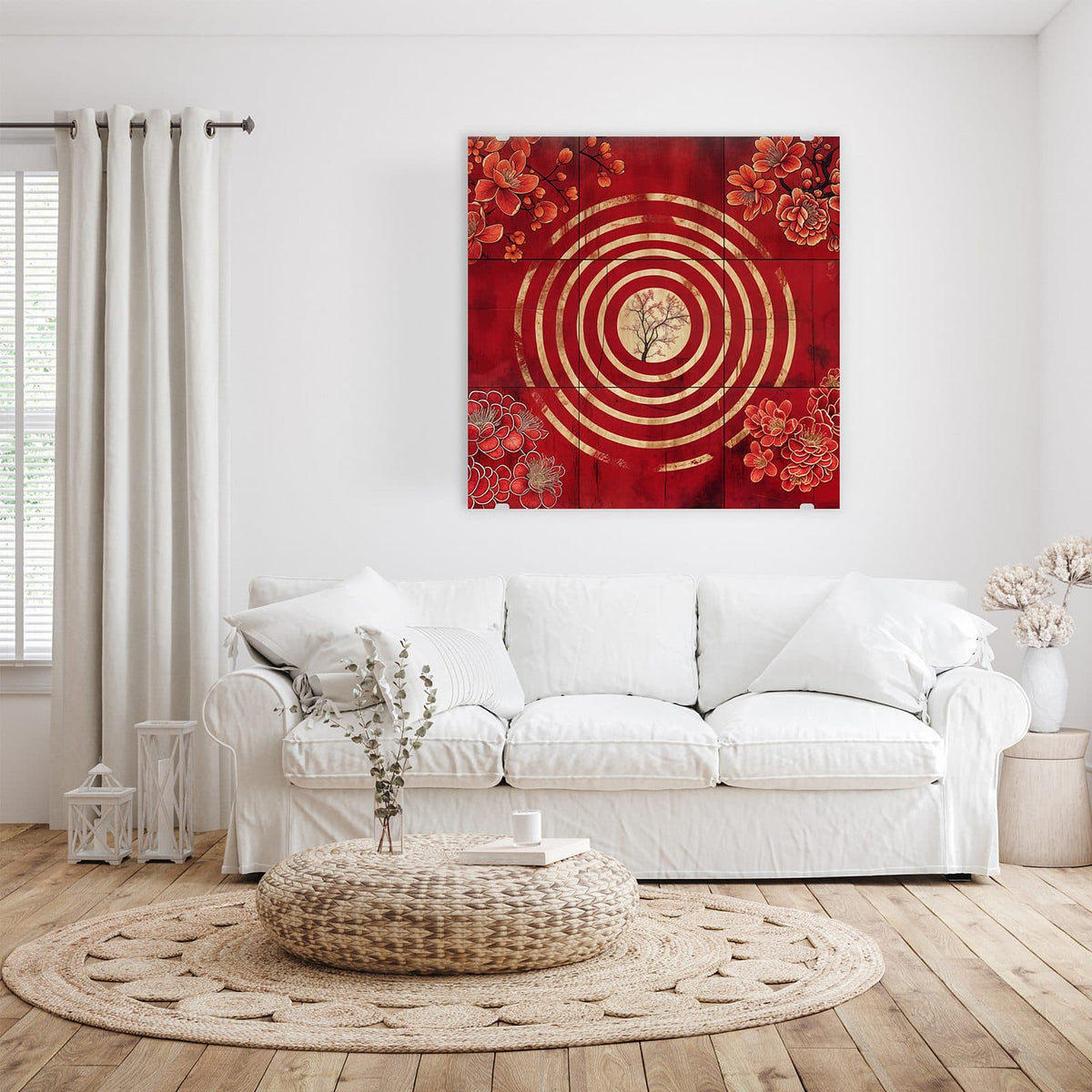 Glasbild Baum im goldenen Kreis an der Wand – Rote Tafel mit goldenen konzentrischen Ringen, in der Mitte ein zarter Baum, in den Ecken rote Blüten