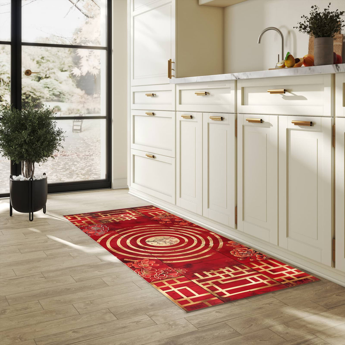 Bodenschonender Küchenteppich mit Motiv Blumenmuster Kreise in heller Küche