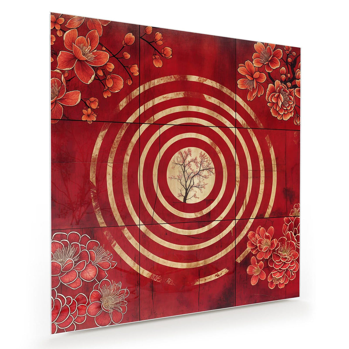 Rote Tafel mit goldenen konzentrischen Ringen, in der Mitte ein zarter Baum, in den Ecken rote Blüten