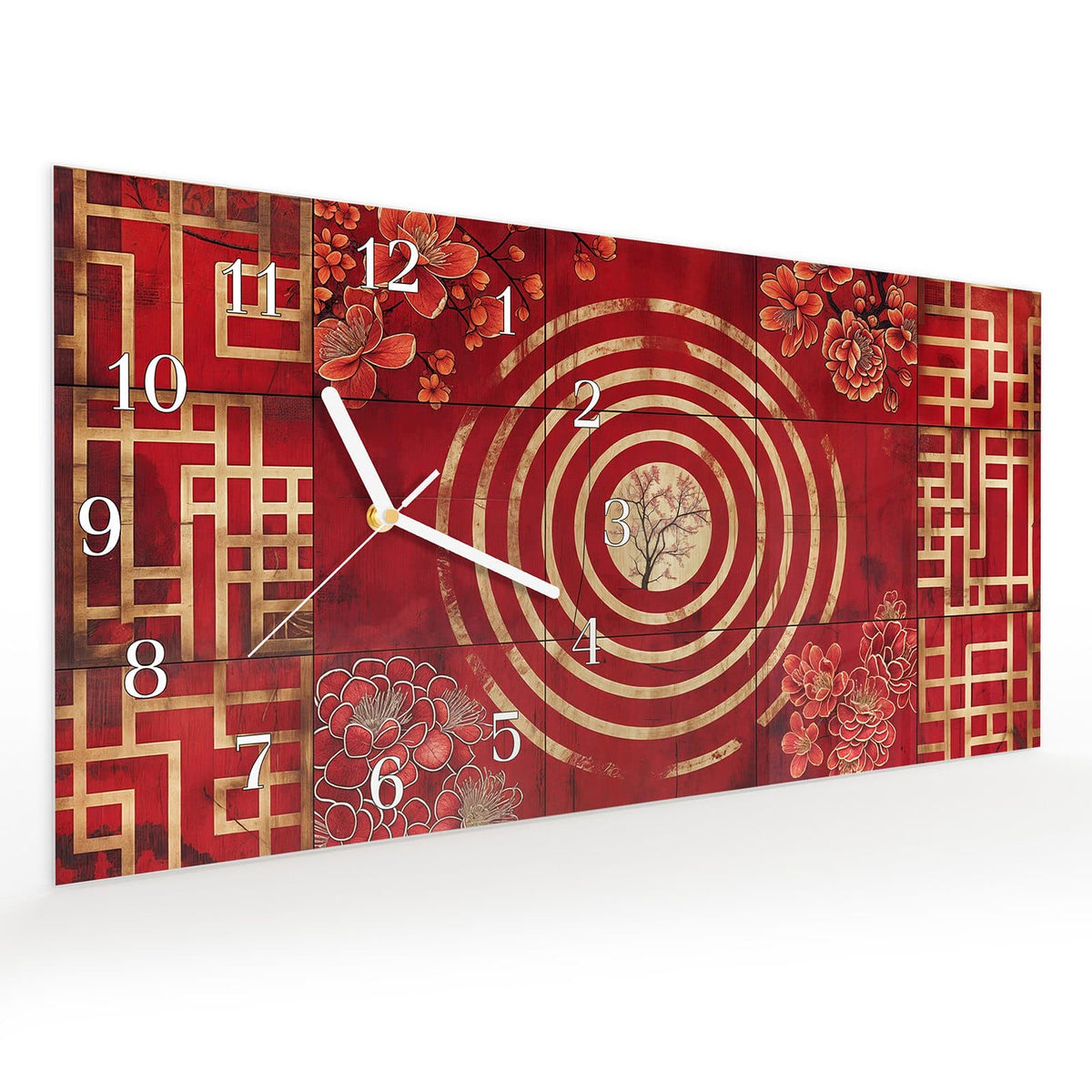Vormontiert – mit Schwebeeffekt – Wanduhr Blumenmuster Kreise aus Glas – Querformat 60 × 30 cm