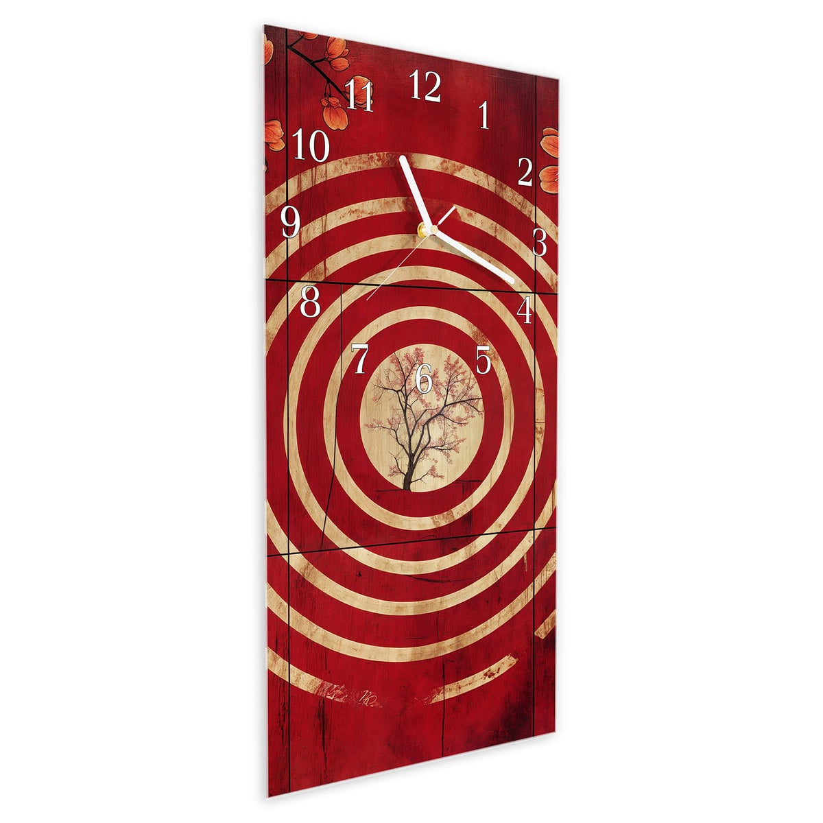 Vormontiert – mit Schwebeeffekt – Wanduhr Blumenmuster Kreise aus Glas – Hochformat 30 × 60 cm