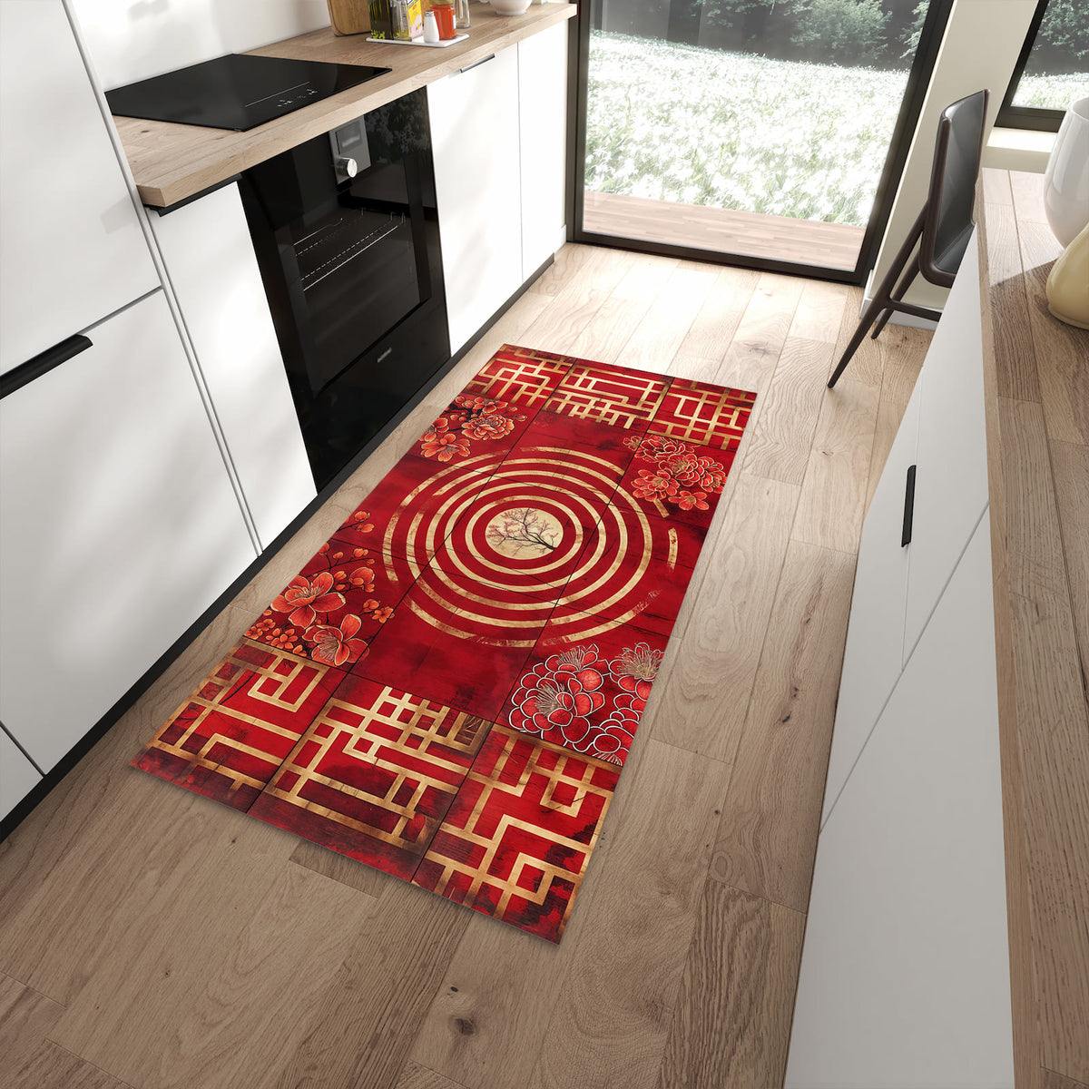 UV-beständiger Bodenläufer mit Motiv Blumenmuster Kreise in moderner Küche