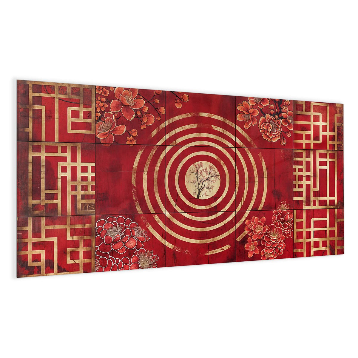 Rote Tafel mit goldenen konzentrischen Ringen, in der Mitte ein zarter Baum, in den Ecken rote Blüten