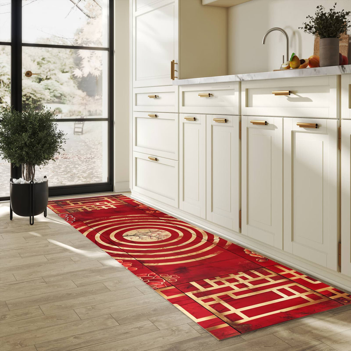 Küchenläufer mit Motiv Blumenmuster Kreise in heller Küche für sichere Aufbewahrung