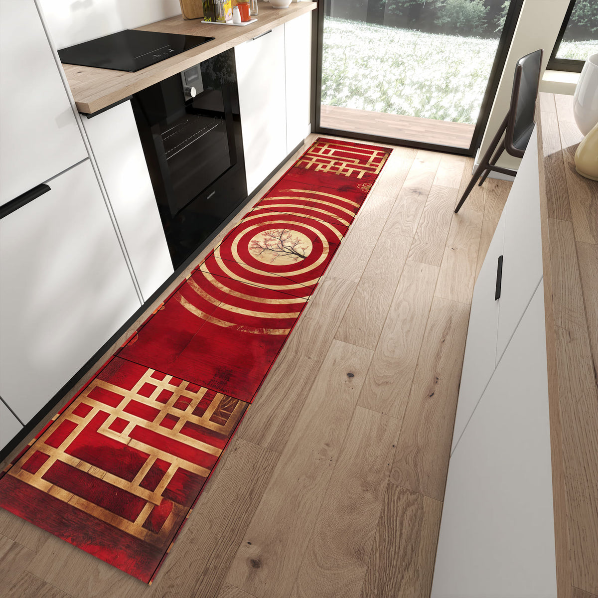 Farbbeständiger dünner Teppich mit Motiv Blumenmuster Kreise in moderner Küche