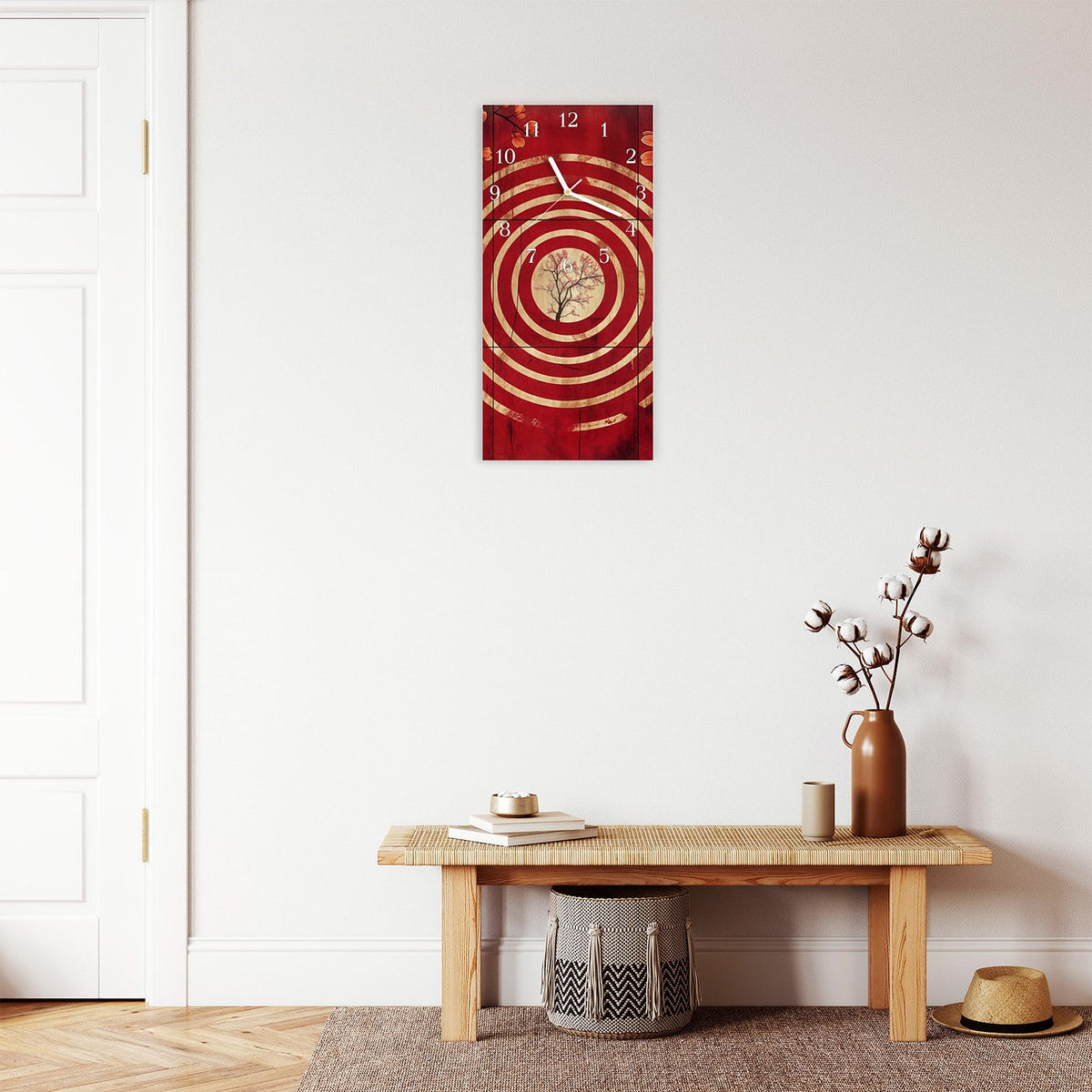 Moderne Wanduhr aus Glas mit Farbtiefe – Wanduhr Blumenmuster Kreise aus Glas – Hochformat 30 × 60 cm