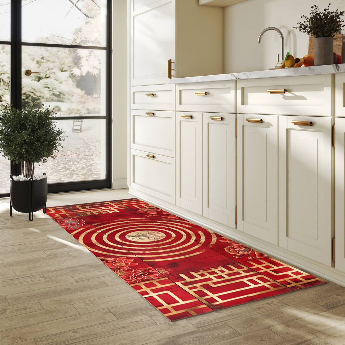 Geräuschdämpfender Küchenläufer mit Motiv Blumenmuster Kreise in heller Küche