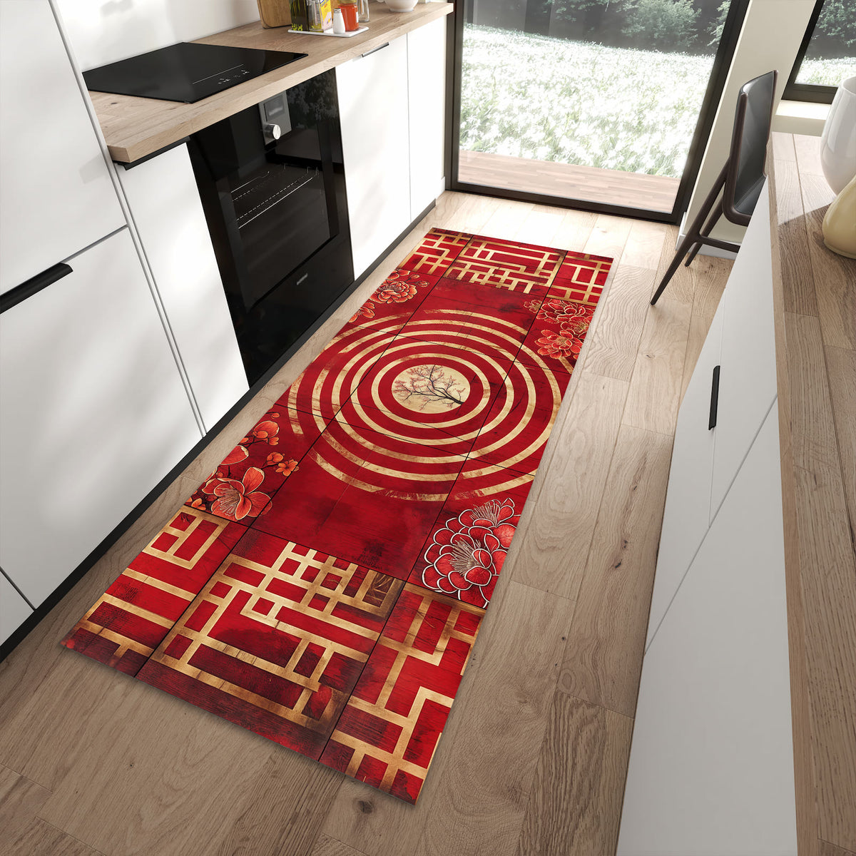 Komfortabler Bodenläufer-Teppich mit Motiv Blumenmuster Kreise in moderner Küche