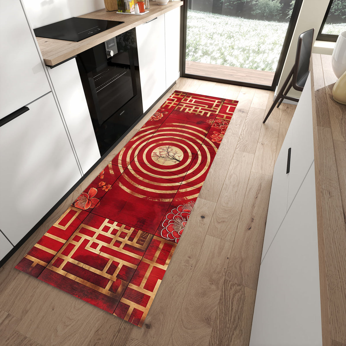 Waschbarer Teppich fürs Esszimmer mit Motiv Blumenmuster Kreise in moderner Küche
