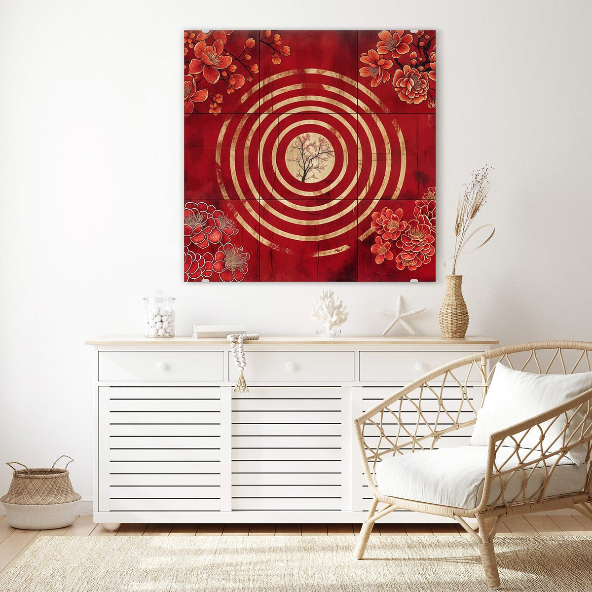 Glasbild Baum im goldenen Kreis an der Wand – Rote Tafel mit goldenen konzentrischen Ringen, in der Mitte ein zarter Baum, in den Ecken rote Blüten