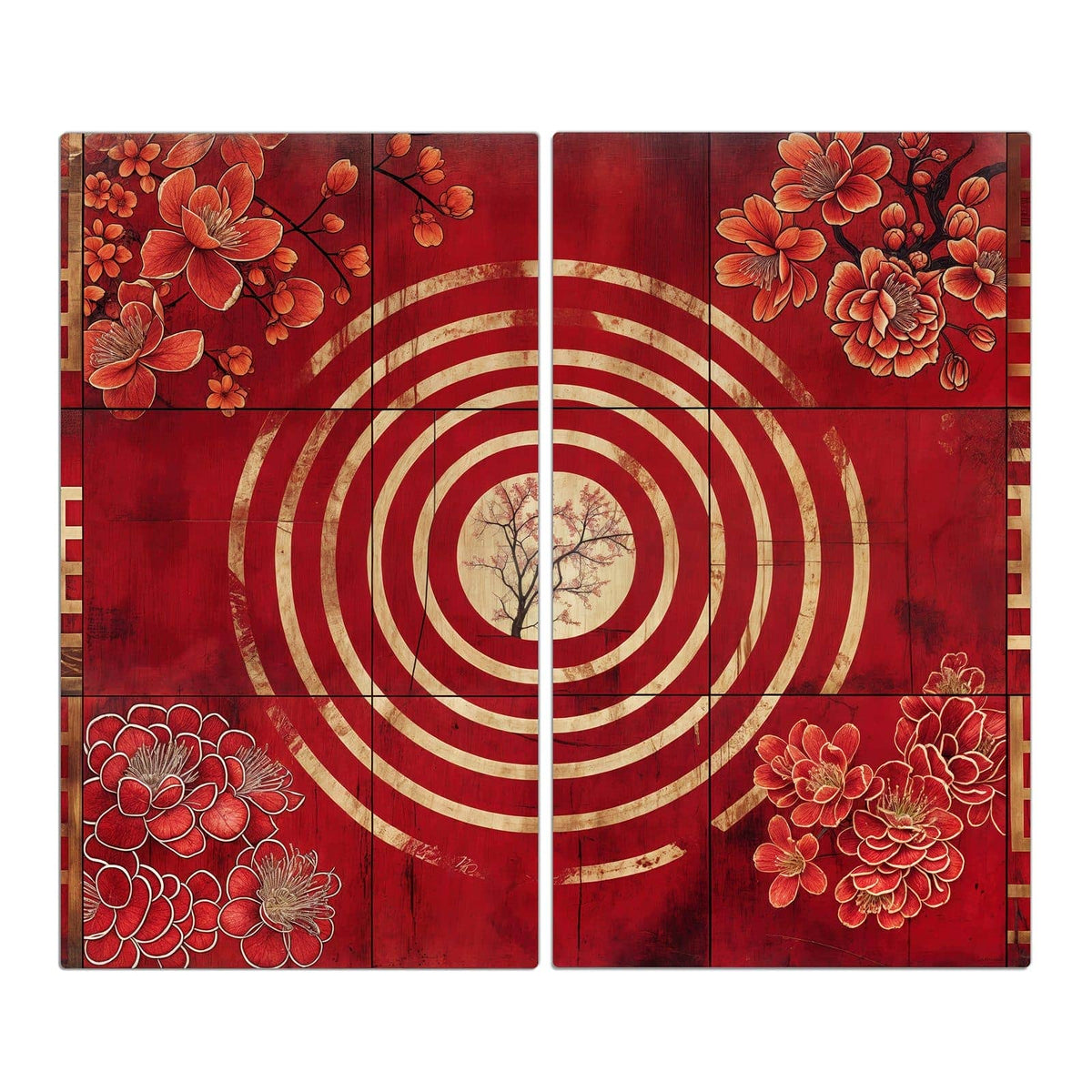 Rote Tafel mit goldenen konzentrischen Ringen, in der Mitte ein zarter Baum, in den Ecken rote Blüten