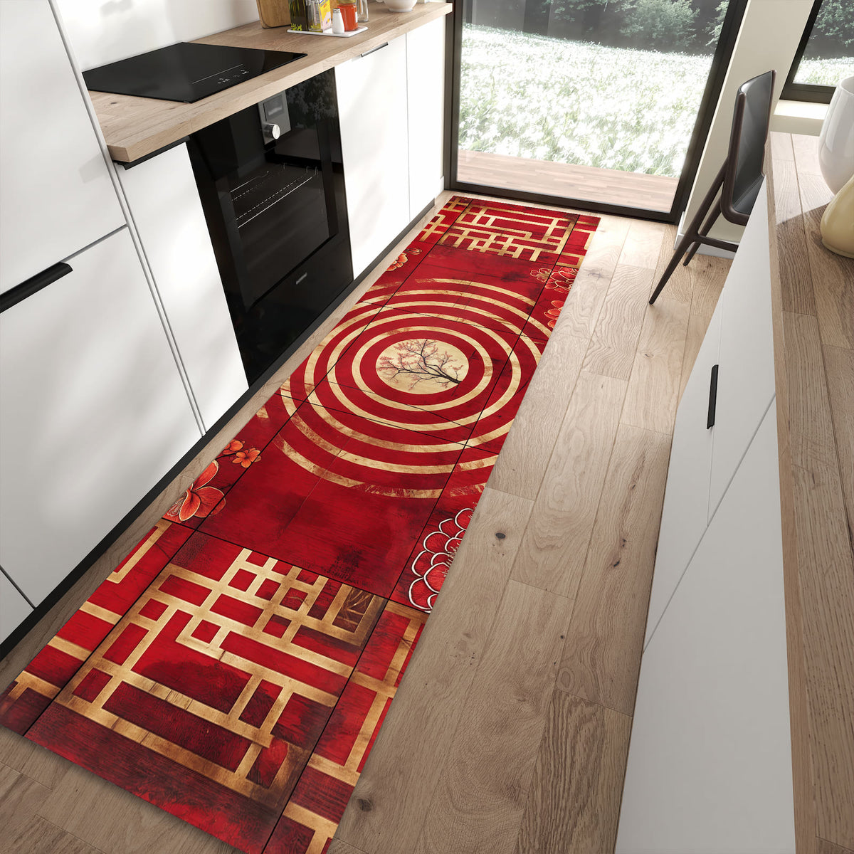 Abriebfester rutschfester Küchenteppich mit Motiv Blumenmuster Kreise in moderner Küche